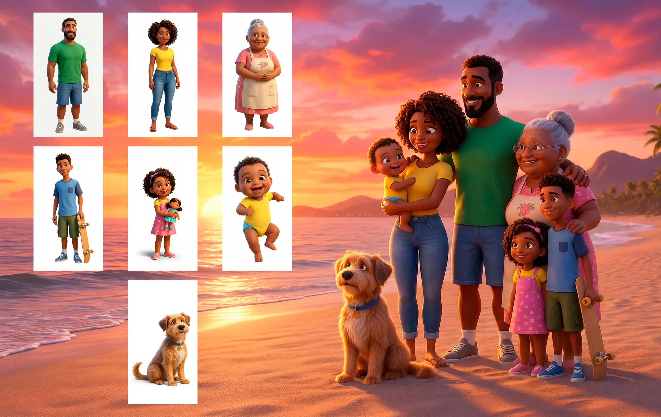 Animated diverse family with children, grandmother, and dog enjoying a beach sunset together in colorful casual clothing