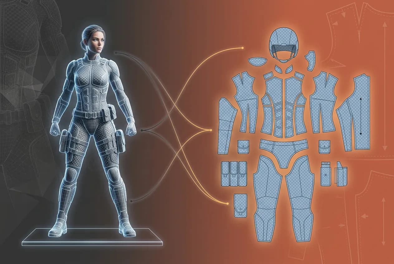 3D female character in glowing blue neon futuristic armor suit with detailed armor piece blueprint breakdown on orange background