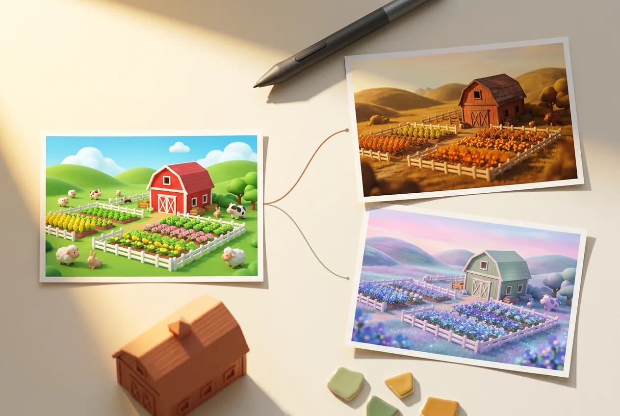 Three farm landscape artworks displayed on white wall showing red barns, cultivated fields, and pastoral countryside scenes in digital illustration style
