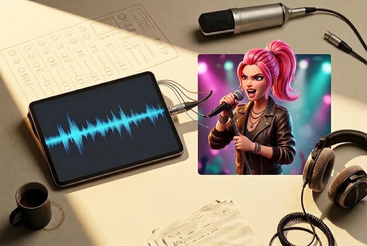 Music production studio workspace with animated female singer character with pink hair, professional microphone, headphones, and audio waveform editor on tablet display