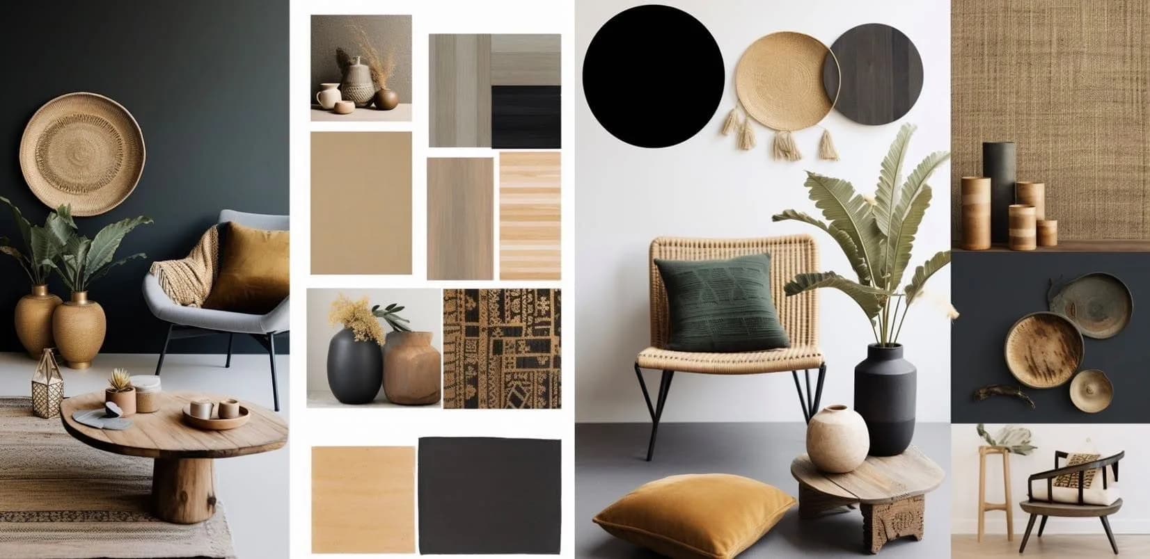 Scandinavian interior design mood board featuring natural wood furniture, rattan chairs, earth-tone color palette with blacks and golds, woven baskets, potted plants, and minimalist home decor