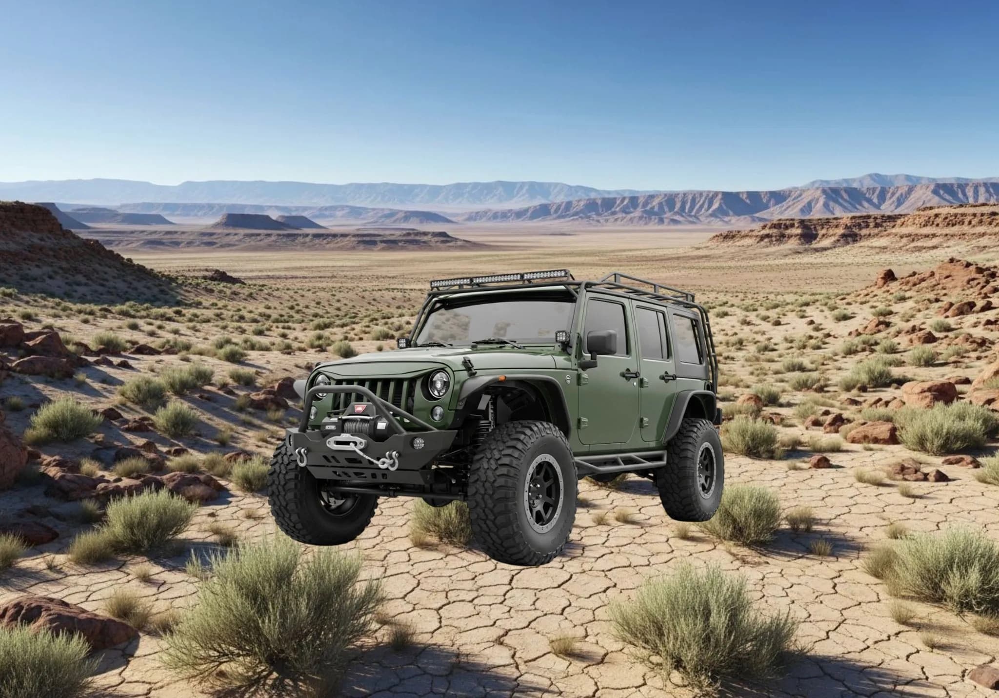 Modified lifted Jeep Wrangler with roof rack in arid desert landscape with mountains, cracked earth, and sparse vegetation