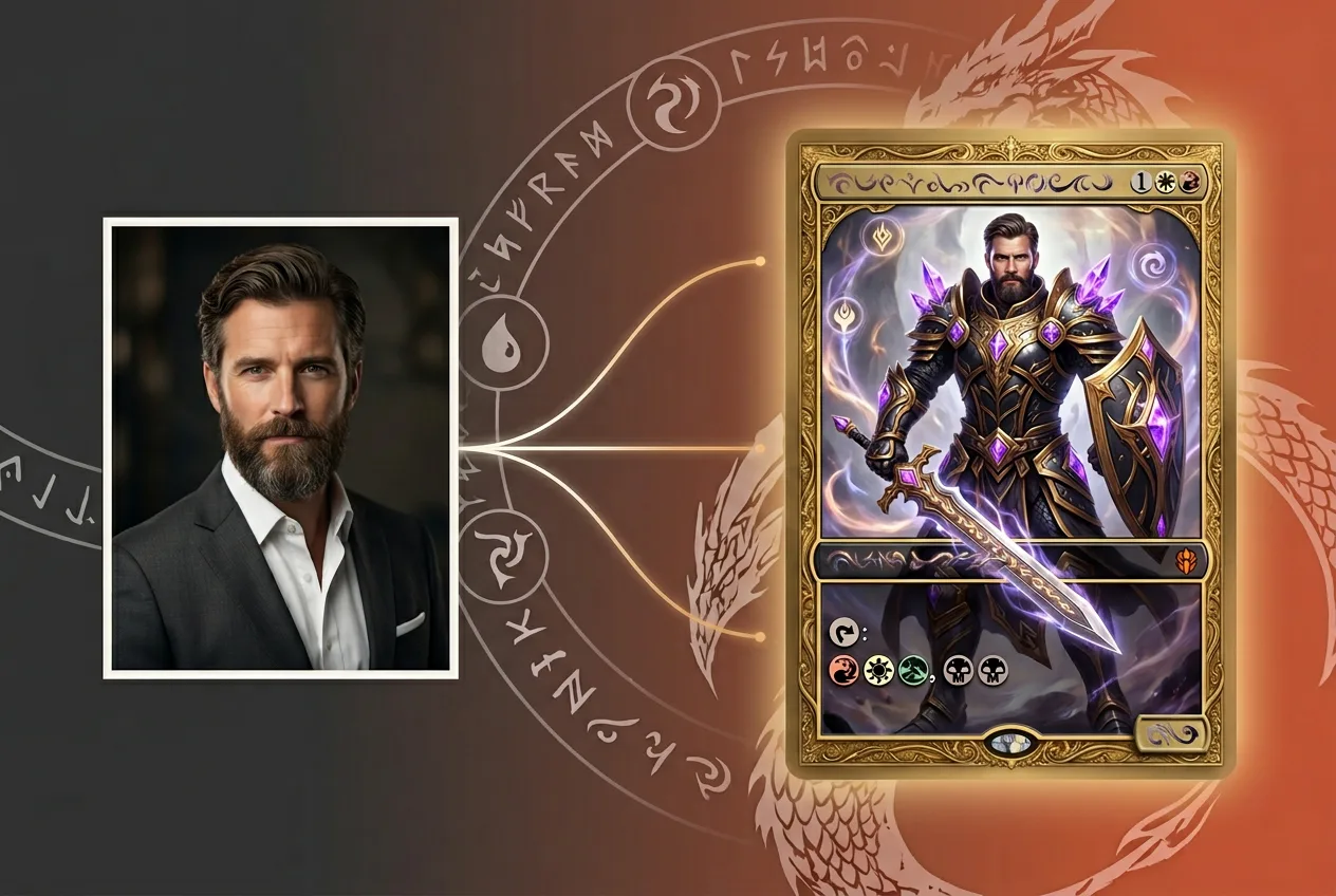 Portrait of bearded man in suit transforming into fantasy warrior card with purple armor and magical effects