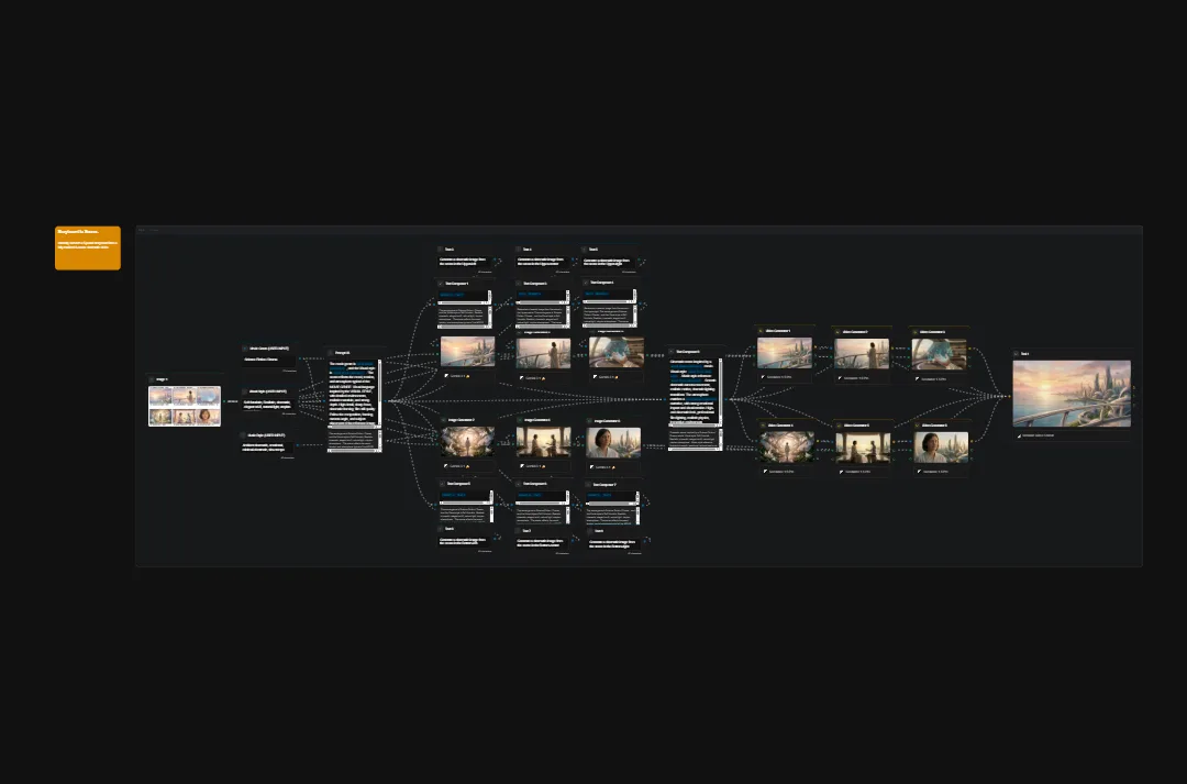 Digital asset management workflow diagram showing content organization, image processing, and distribution system with multiple connected nodes and visual assets on dark background