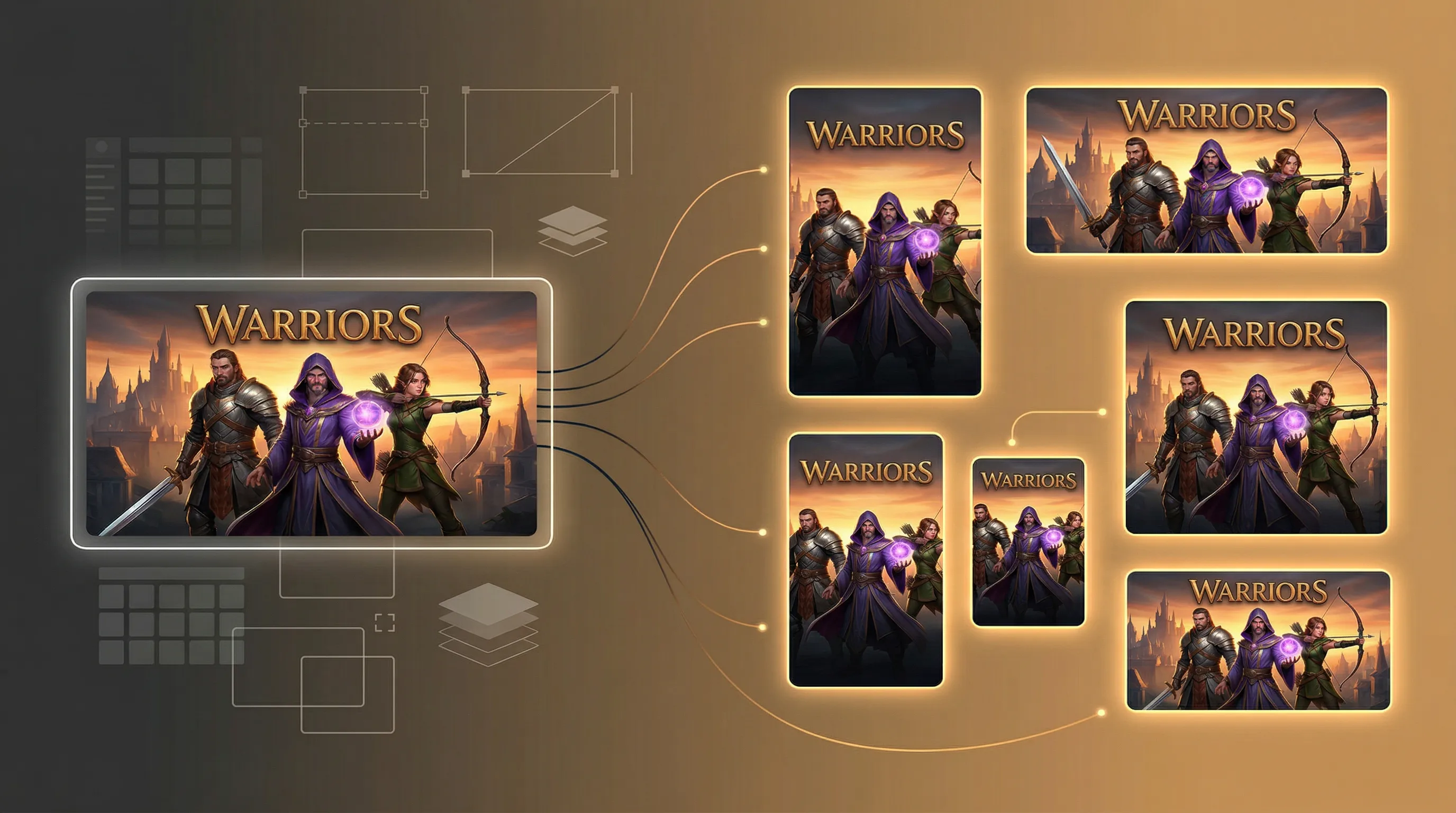 Fantasy warriors game UI mockup showing responsive design across tablet, mobile, and desktop screens with glowing golden interface elements