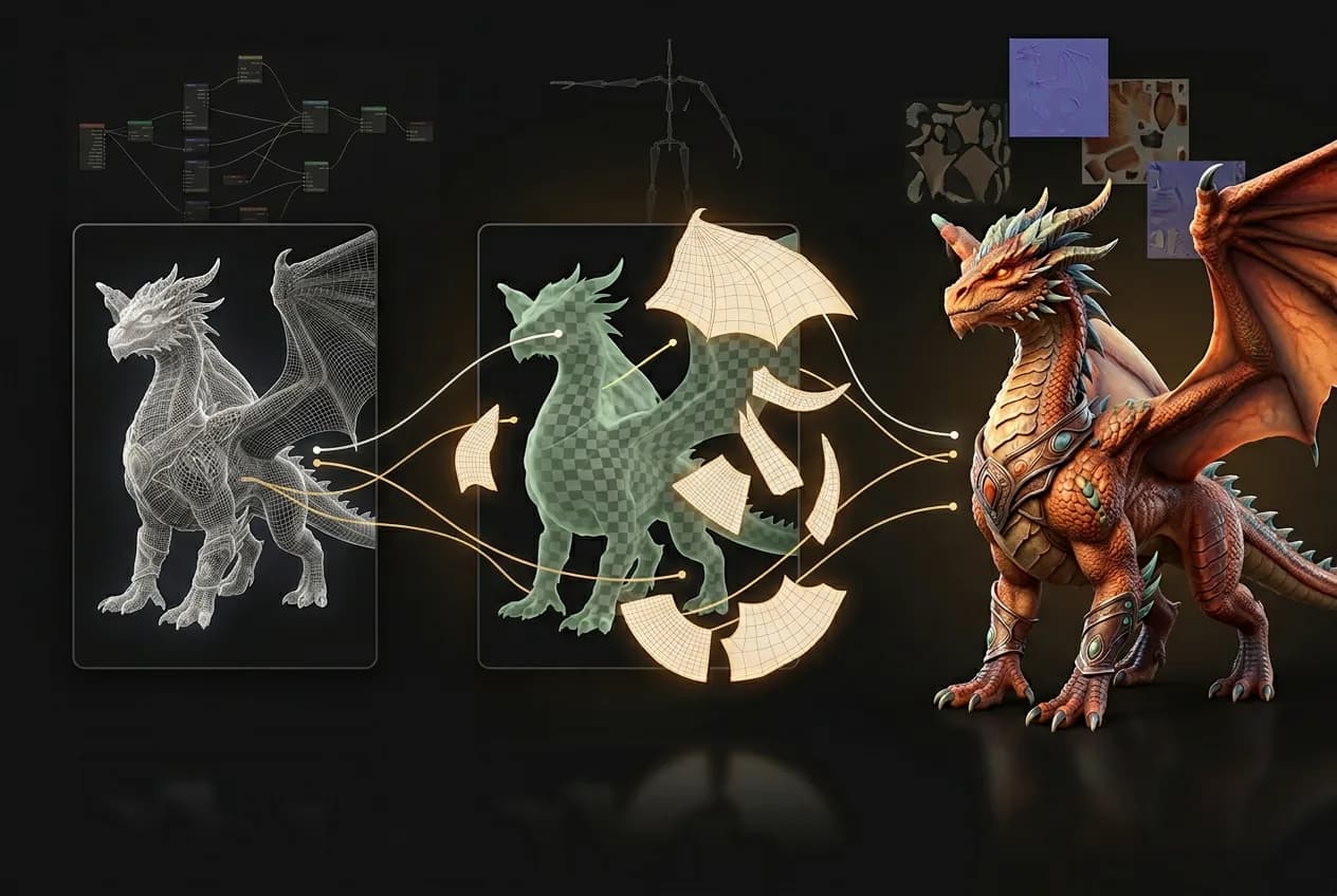 Dragon character design evolution showing wireframe mesh model, green rigged dragon with parametric wings, and detailed orange dragon with armor and jewelry