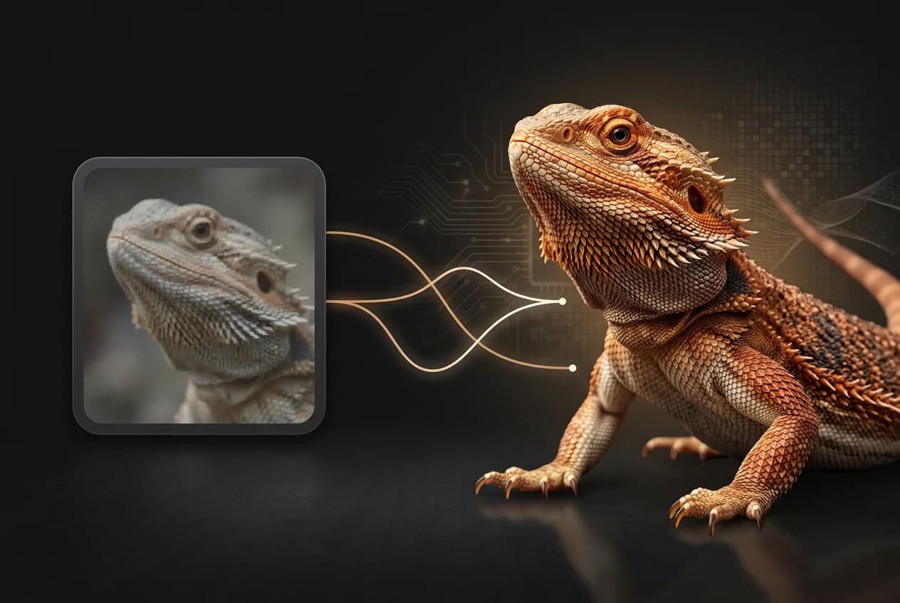 Bearded dragon portrait showing before and after AI image enhancement with digital transformation visualization