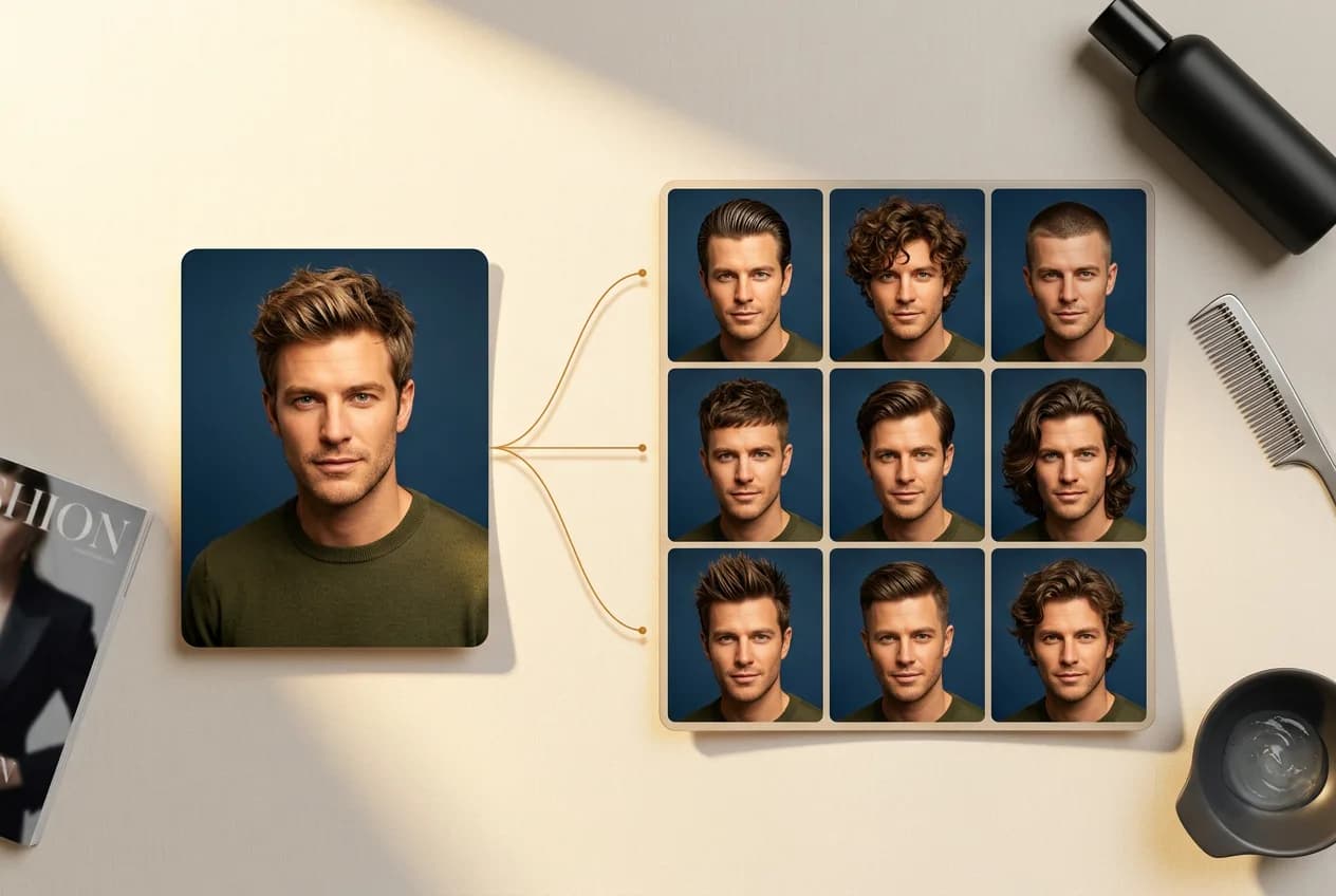 AI-generated male hairstyle variations showing different haircut styles and lengths on the same man portrait