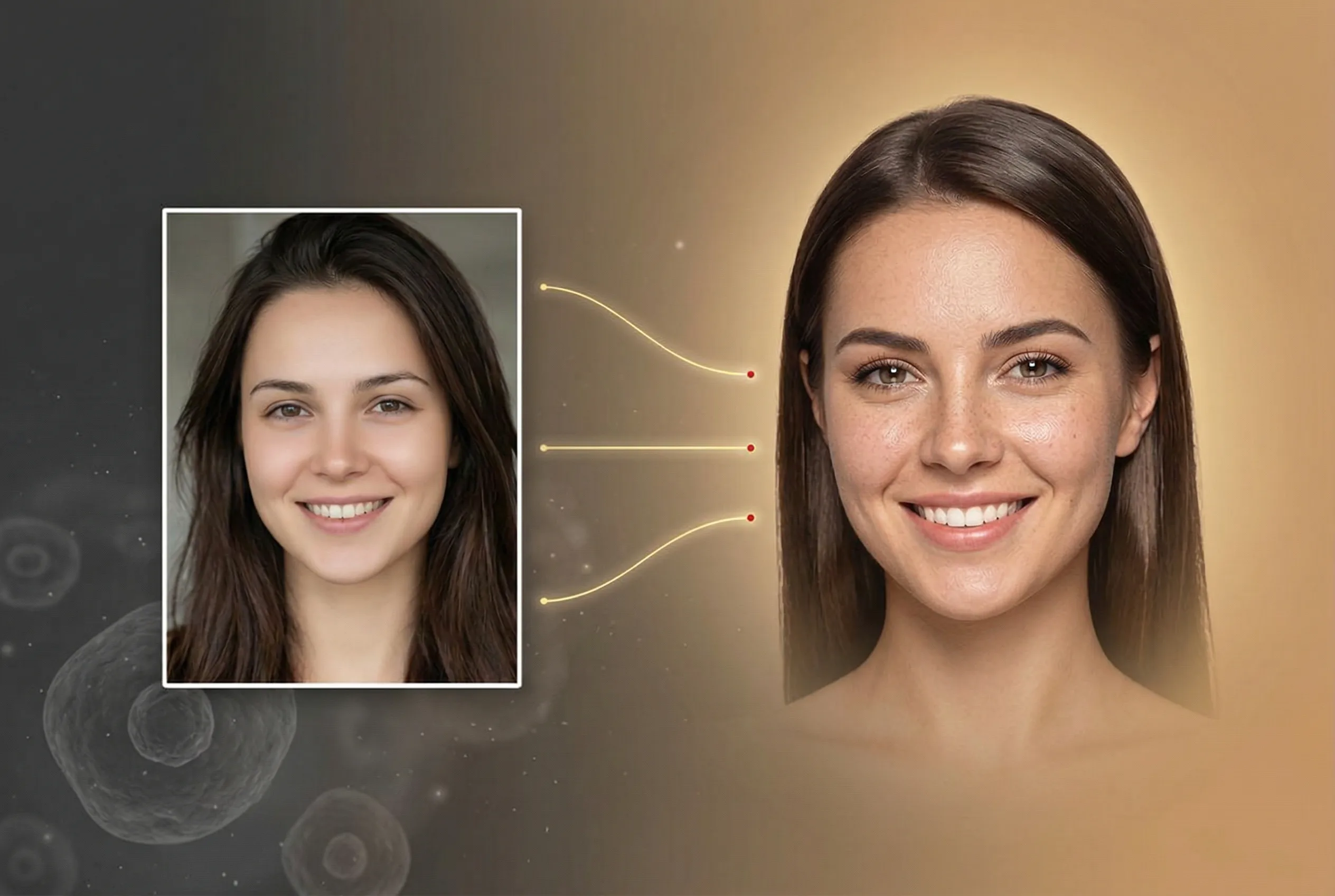 Before and after facial enhancement showing beauty transformation with AI technology mapping and golden light effect