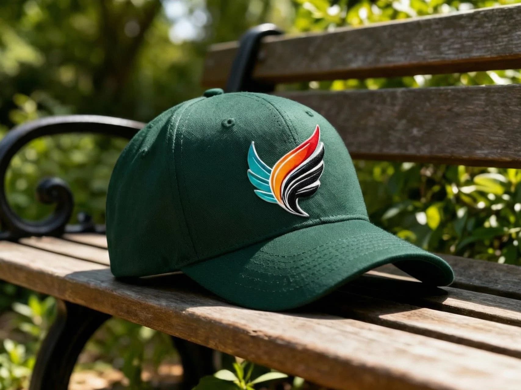 Dark green baseball cap with colorful wing logo resting on wooden park bench surrounded by green foliage