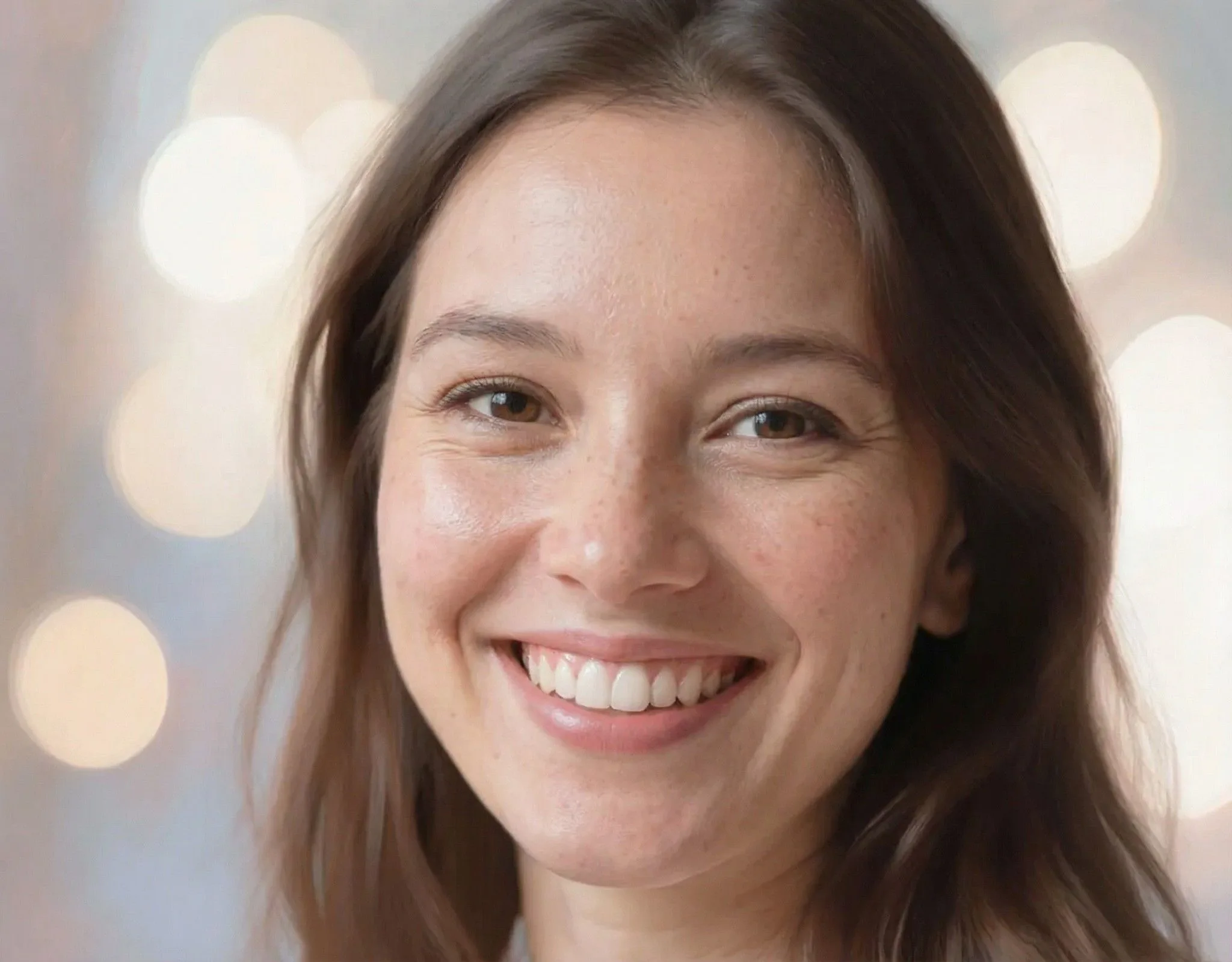 Portrait of a smiling woman with brown hair and warm expression against soft bokeh lights background