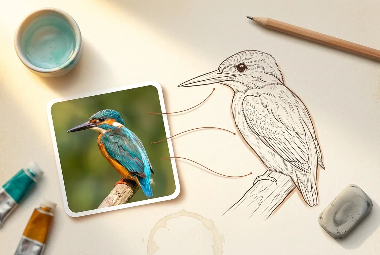 Kingfisher bird sketch with reference photo showing turquoise and orange plumage, pen drawing on white paper with watercolor supplies