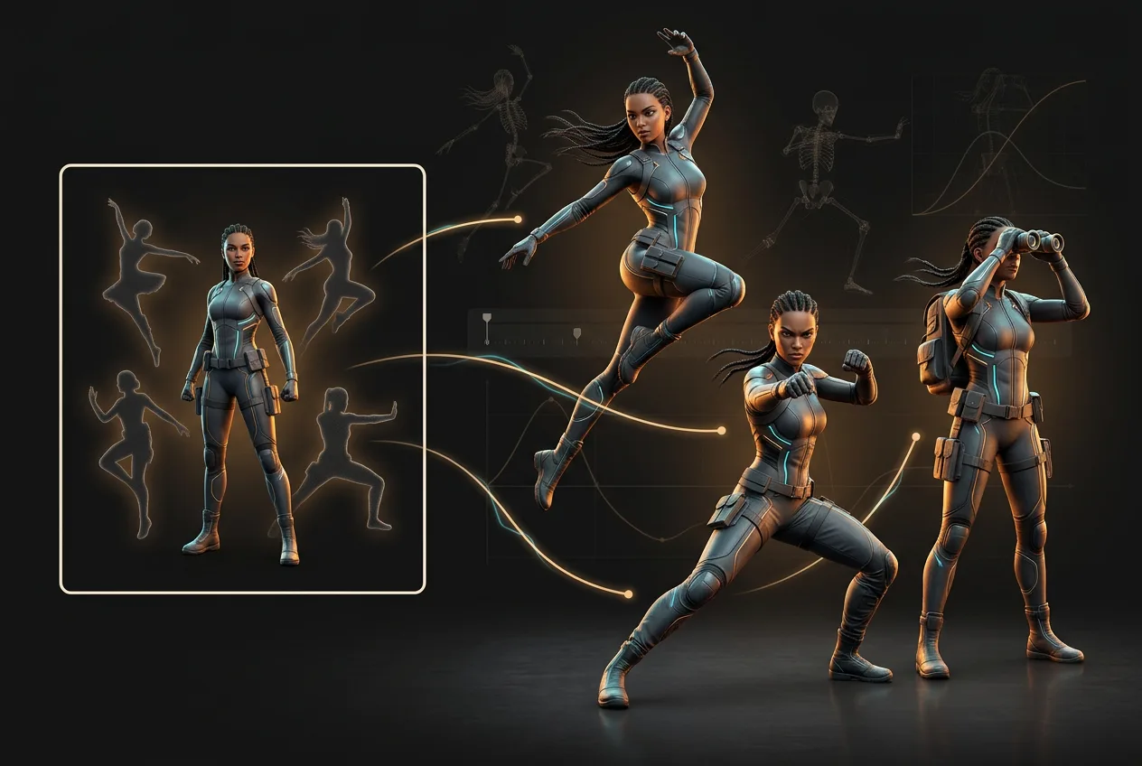 Female action game characters in tactical sci-fi suits with dynamic combat poses and glowing energy effects on dark background