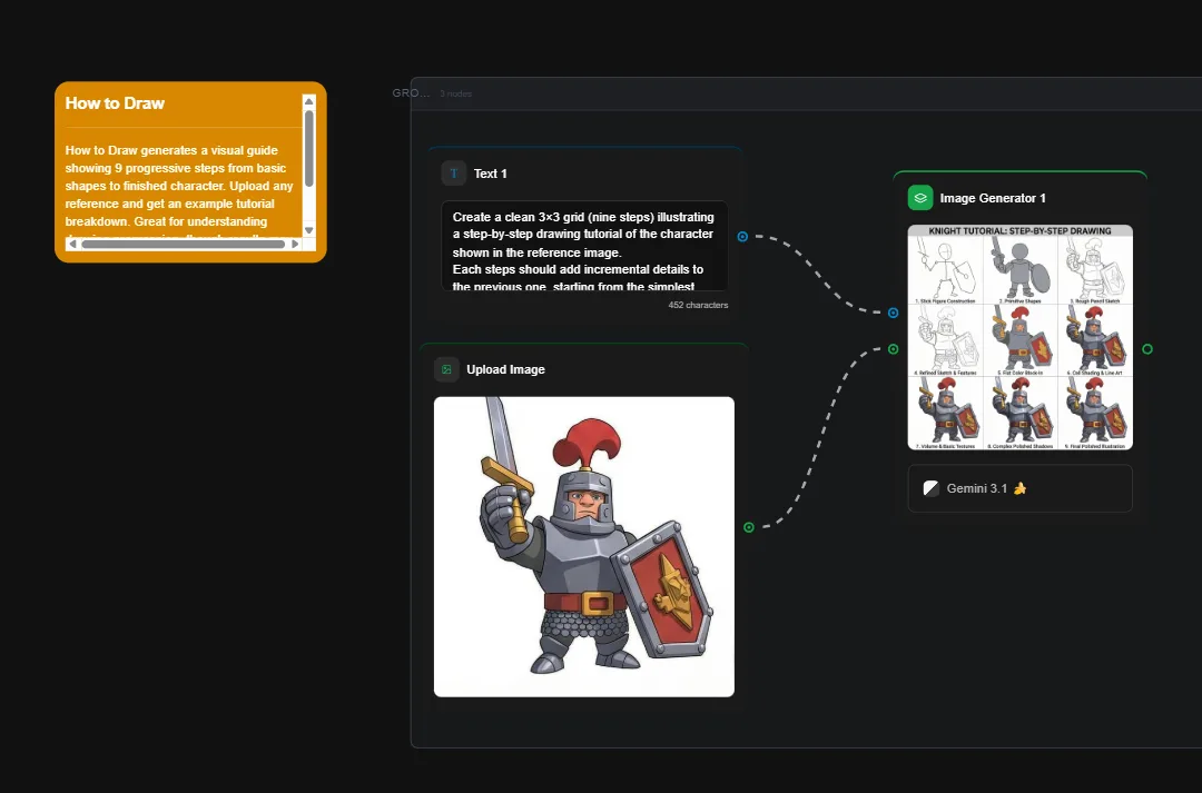 Knight character drawing tutorial showing 9 progressive steps from basic shapes to finished armored warrior with sword and shield