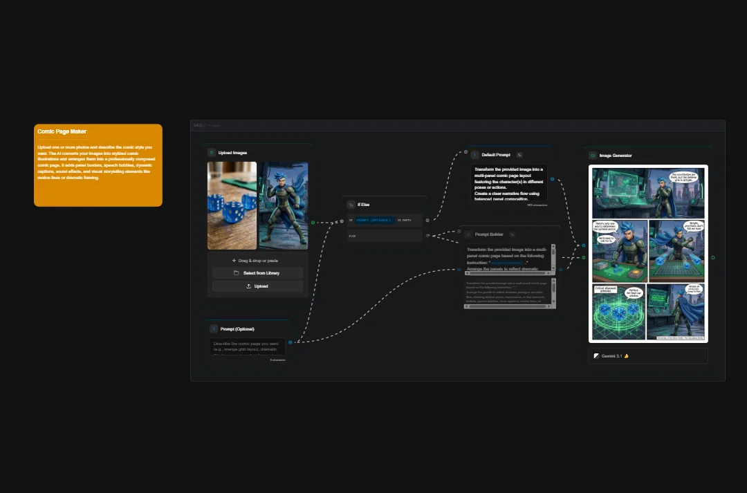 Comic Page Maker AI art generator interface showing uploaded images, default prompt editor, and generated comic strip panels with character and dialogue customization options