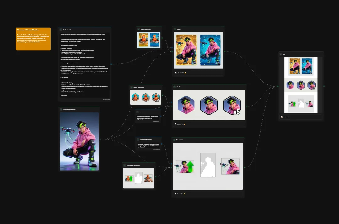 Digital art design system showing colorful portrait illustrations in various formats including posters, hexagonal tiles, and merchandise mockups on dark background