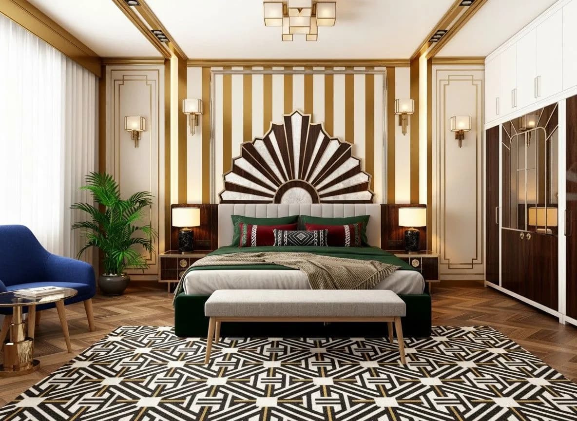 Luxurious Art Deco bedroom with gold striped walls, sunburst headboard, geometric rug, and modern furniture