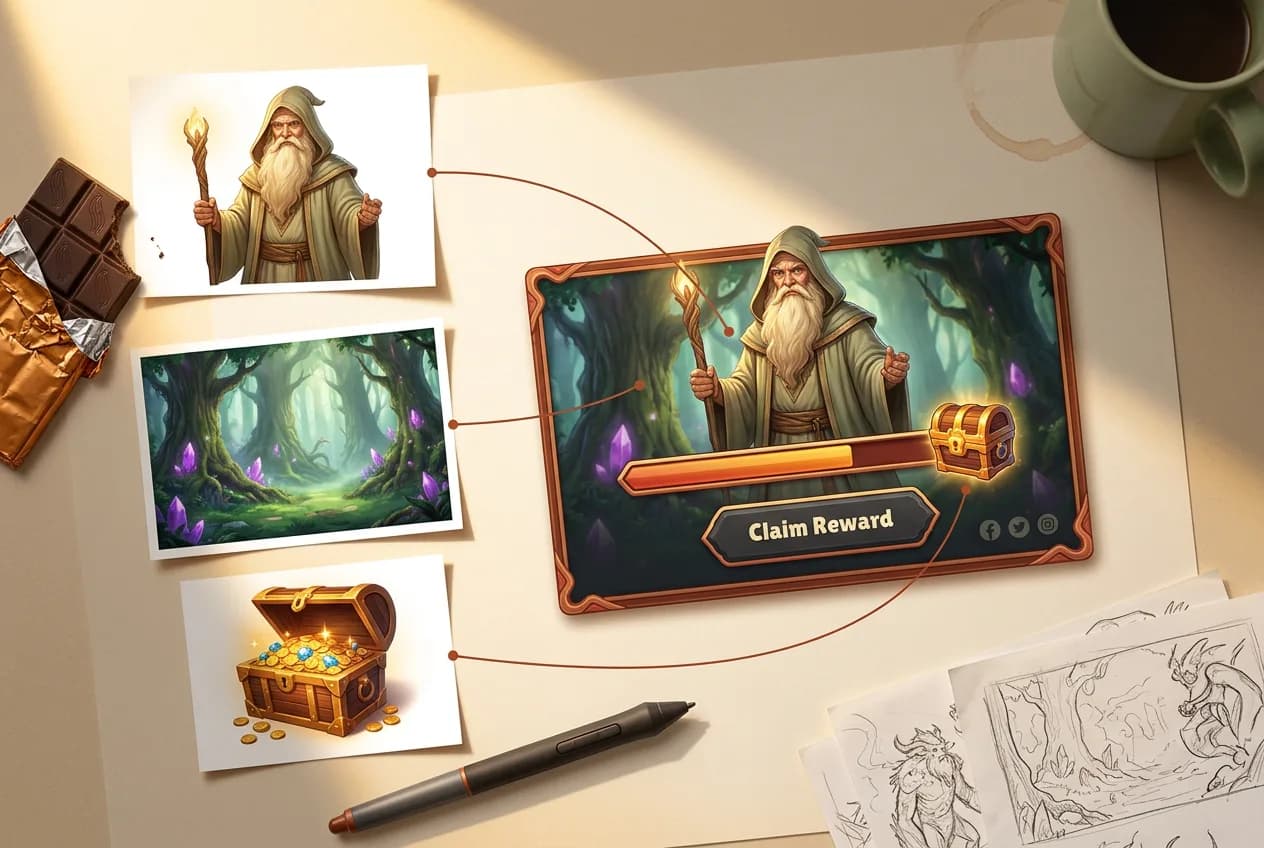 Fantasy game UI design showing wizard character with staff and claim reward button, connected to concept art including enchanted forest and treasure chest