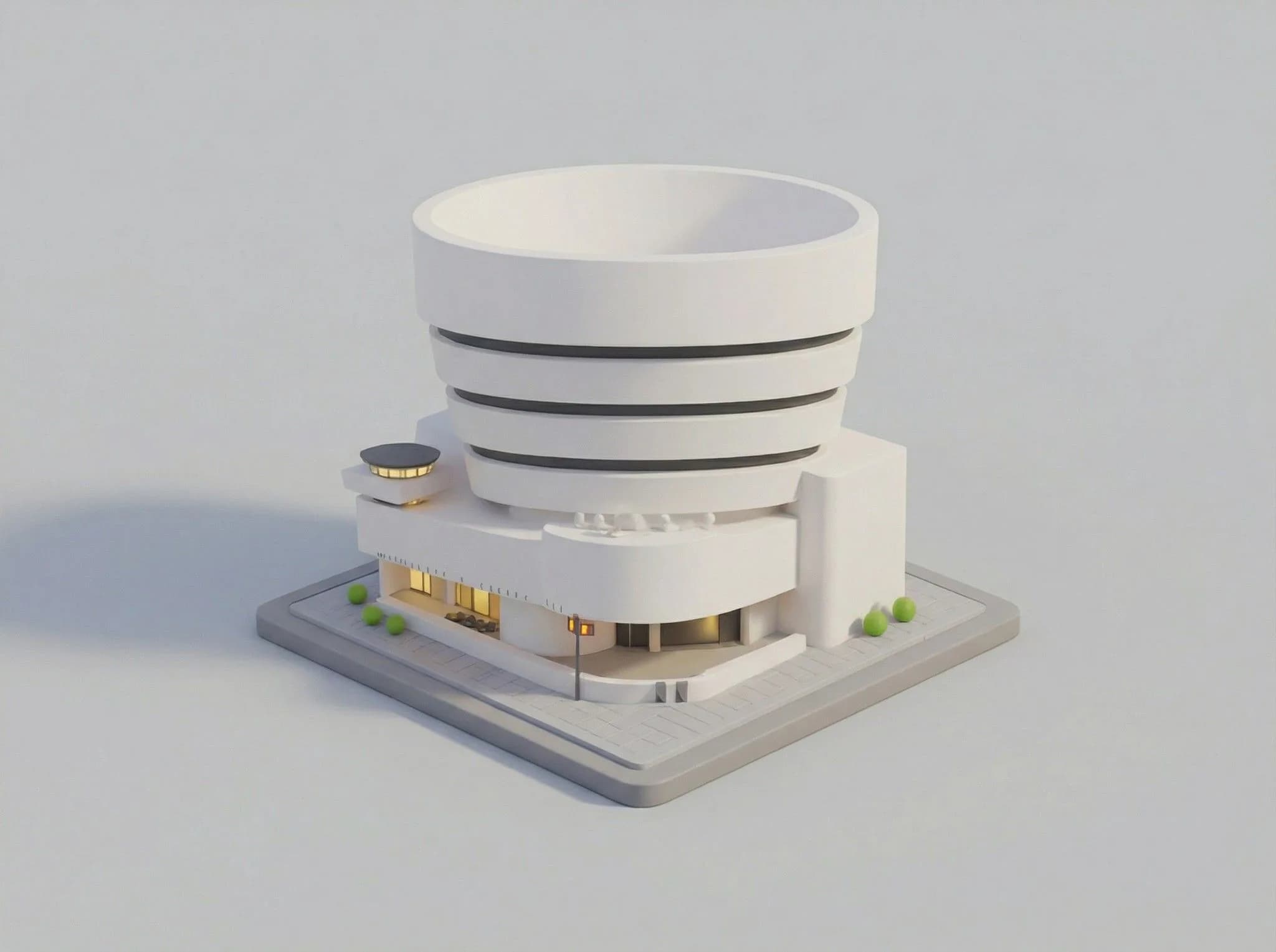 White spiral cylindrical building 3D architectural model with horizontal bands, glass windows, and green landscaping on gray base