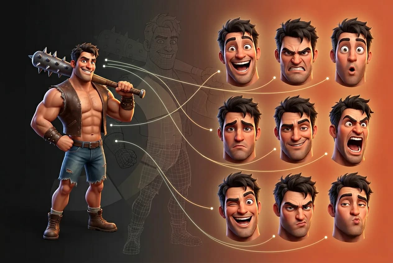 3D animated male character showing nine different facial expressions including happy, angry, sad, and shocked, with spiked weapon and muscular build