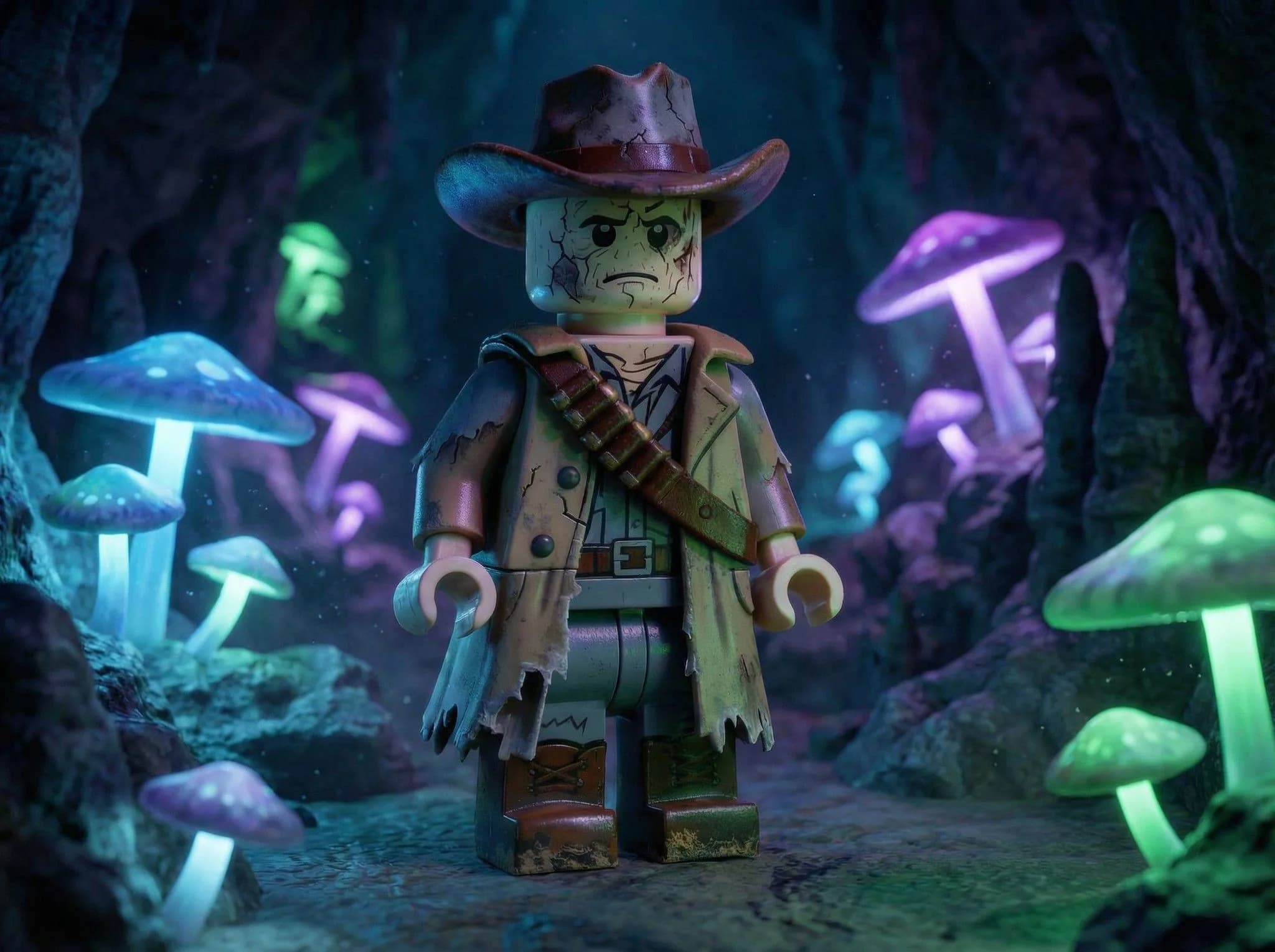 LEGO zombie cowboy minifigure in brown hat and weathered western outfit standing in a mystical forest surrounded by neon glowing purple and green mushrooms