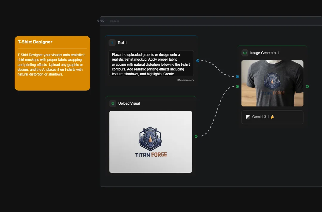 T-shirt designer interface showing Titan Forge logo mockup on black shirt with AI-generated design preview and realistic fabric wrapping effects