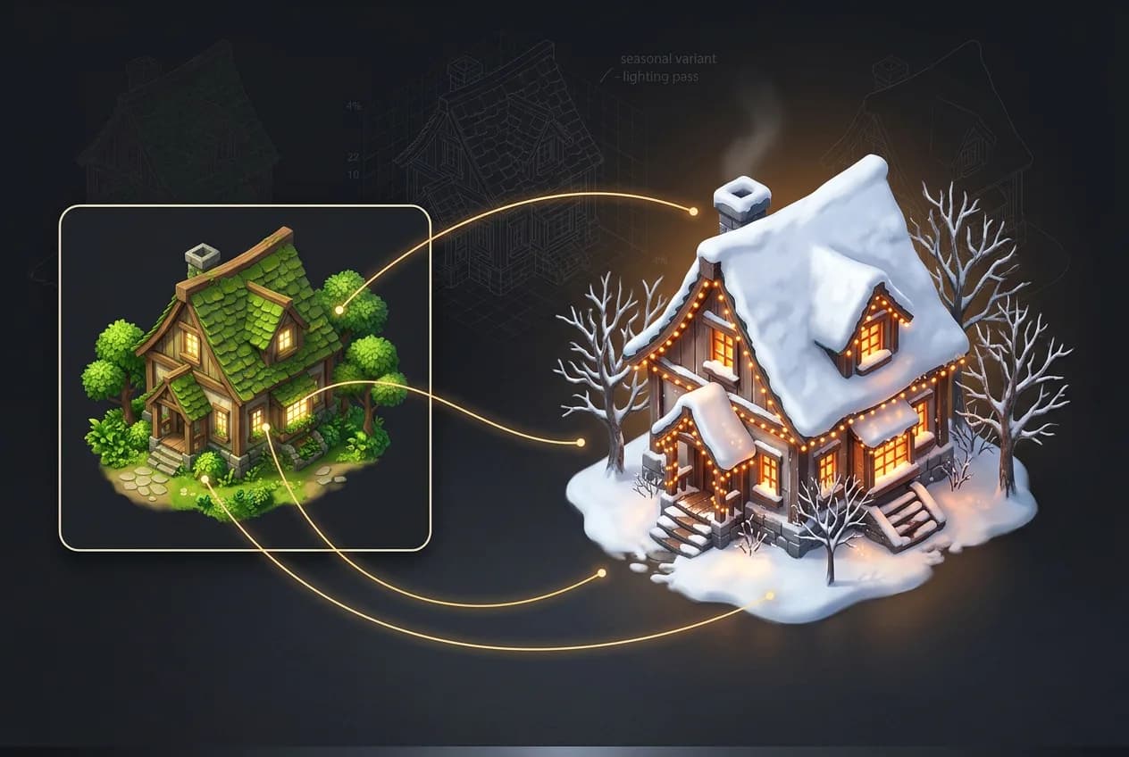 3D isometric comparison showing summer and winter house variants with seasonal lighting transformation