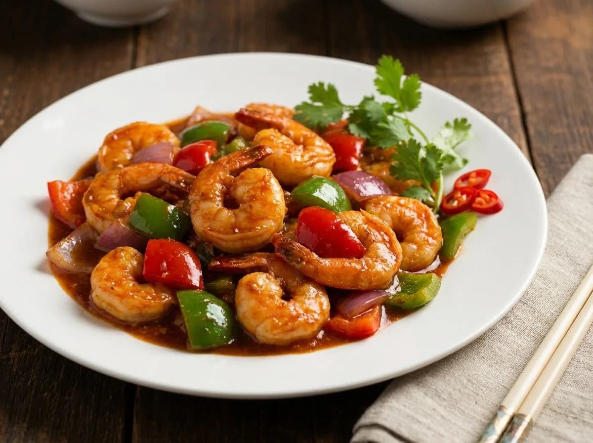 Kung pao shrimp stir fry with bell peppers, onions, and fresh cilantro on white plate with chopsticks