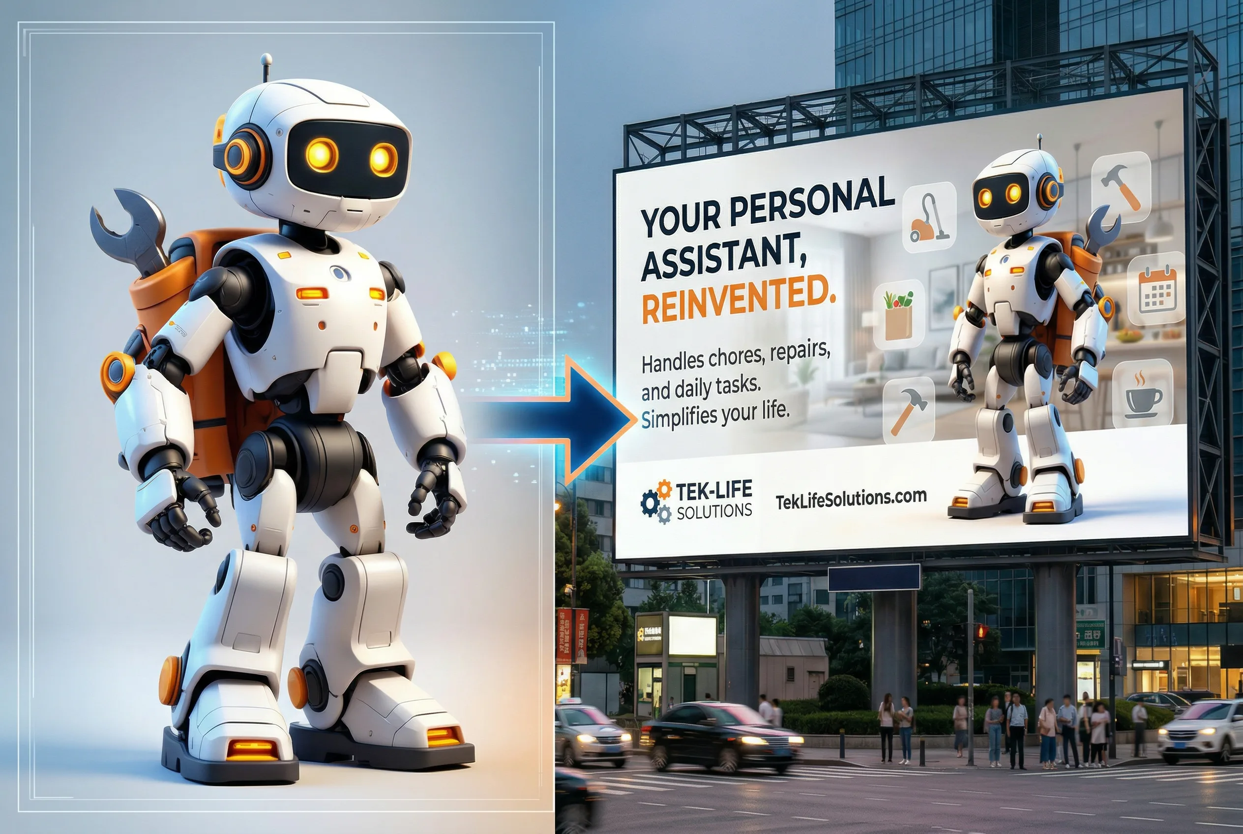 White and orange robot with glowing eyes holding wrench on billboard advertising personal assistant robot technology solutions