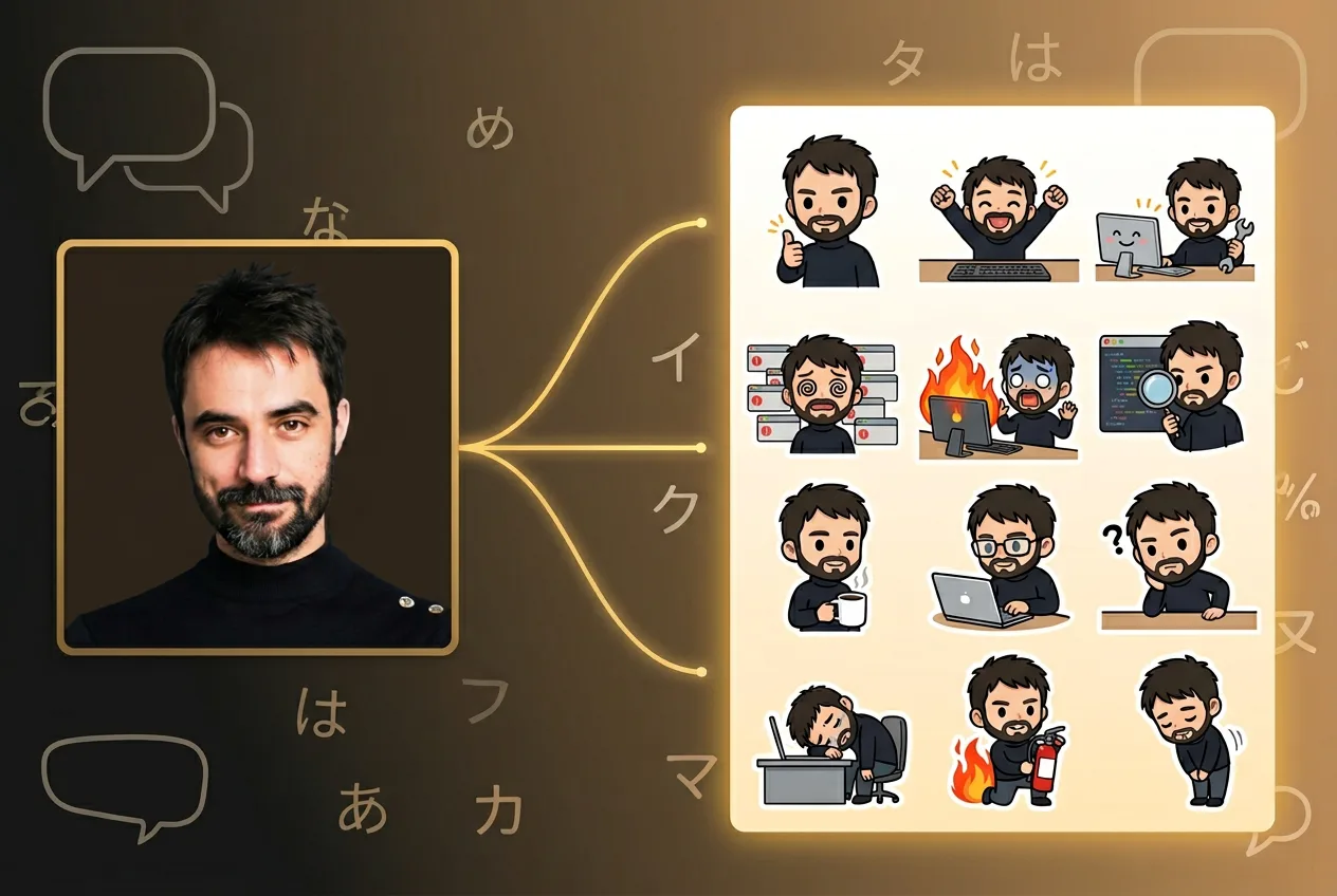 Bearded man with emoji avatar creation sheet showing multiple cartoon expressions including happy, excited, confused, and stressed emotions for character design