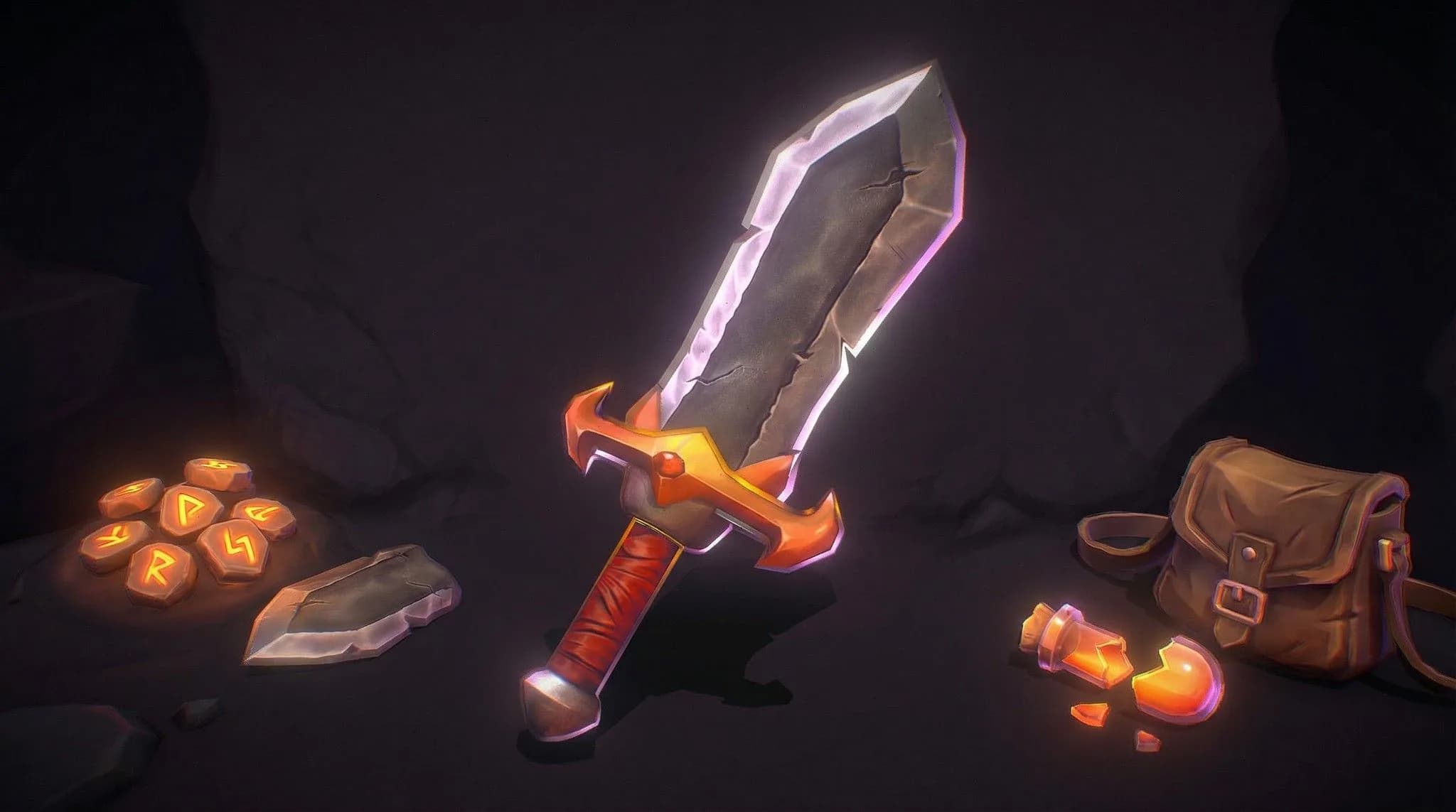 Fantasy glowing sword with neon pink blade, red handle, surrounded by magical runes, potion bottles, and leather backpack game assets