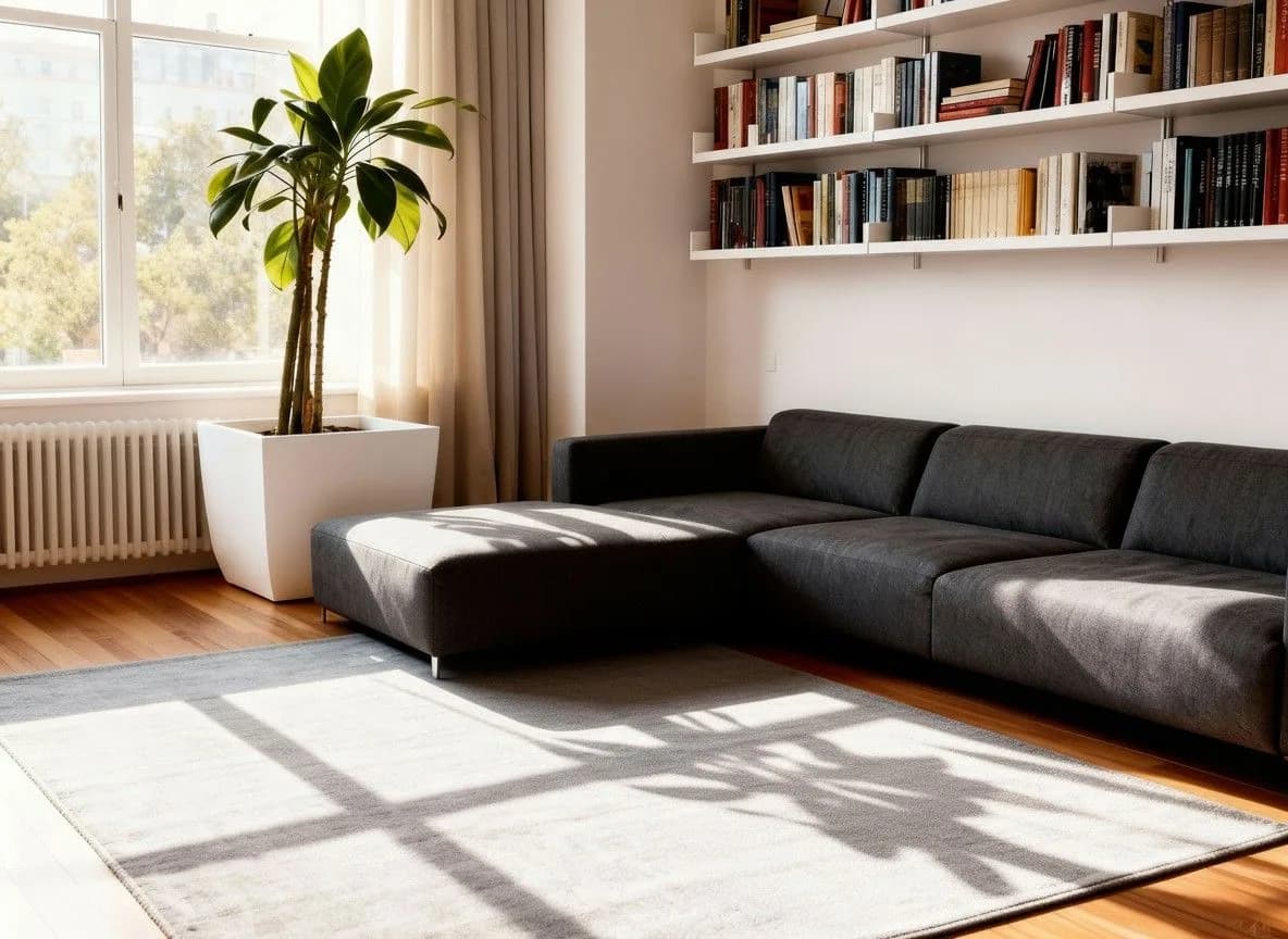 Modern living room with black sectional sofa, white floating shelves, green plant, and sunlit window with wood flooring
