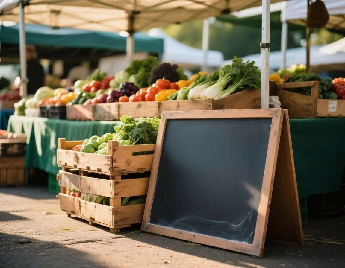 Outdoor farmers market stall with fresh vegetables in wooden crates and blank chalkboard sign for pricing