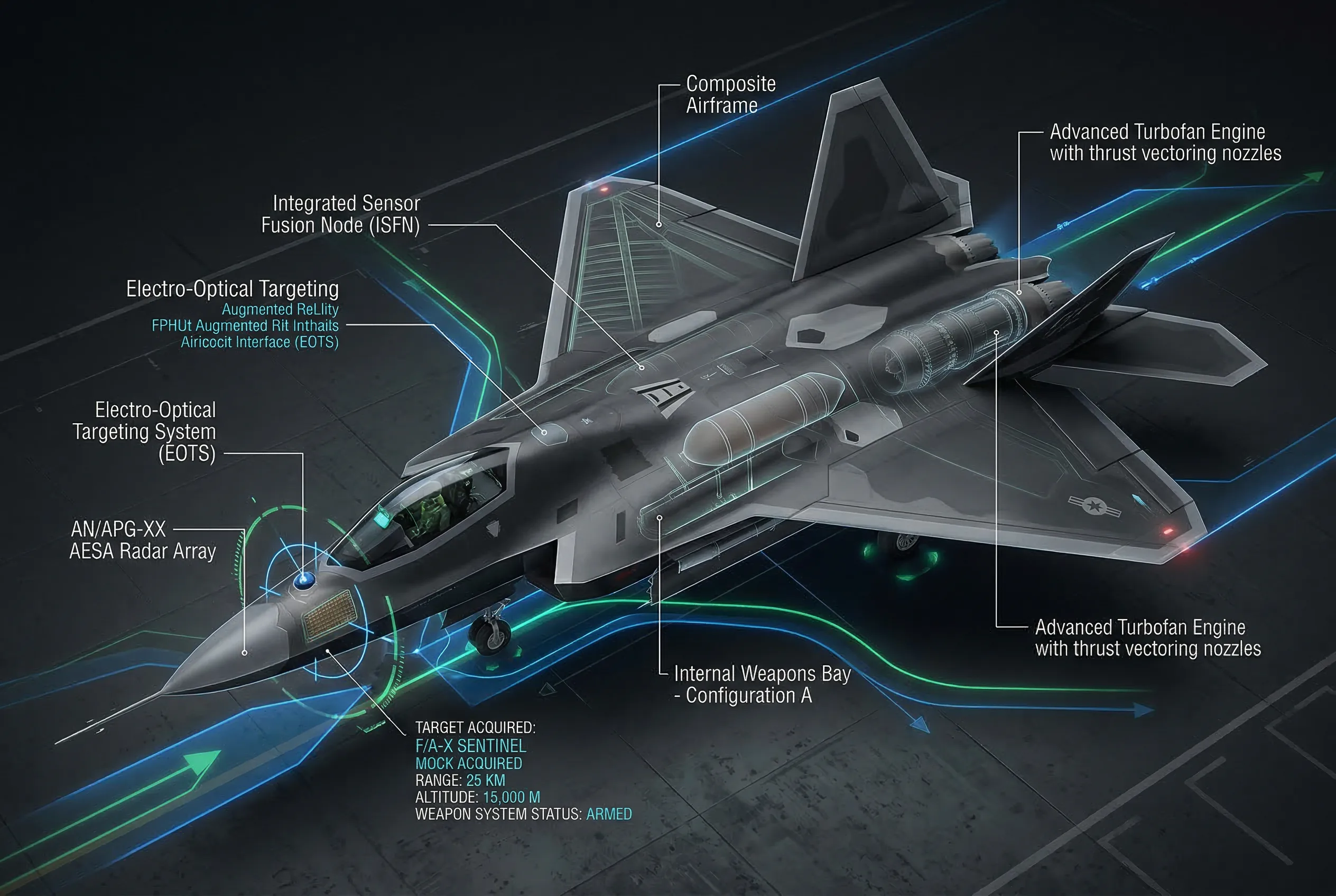 F-35 fighter jet technical schematic showing composite airframe, turbofan engines, radar systems, weapons bay, and advanced avionics with labeled components