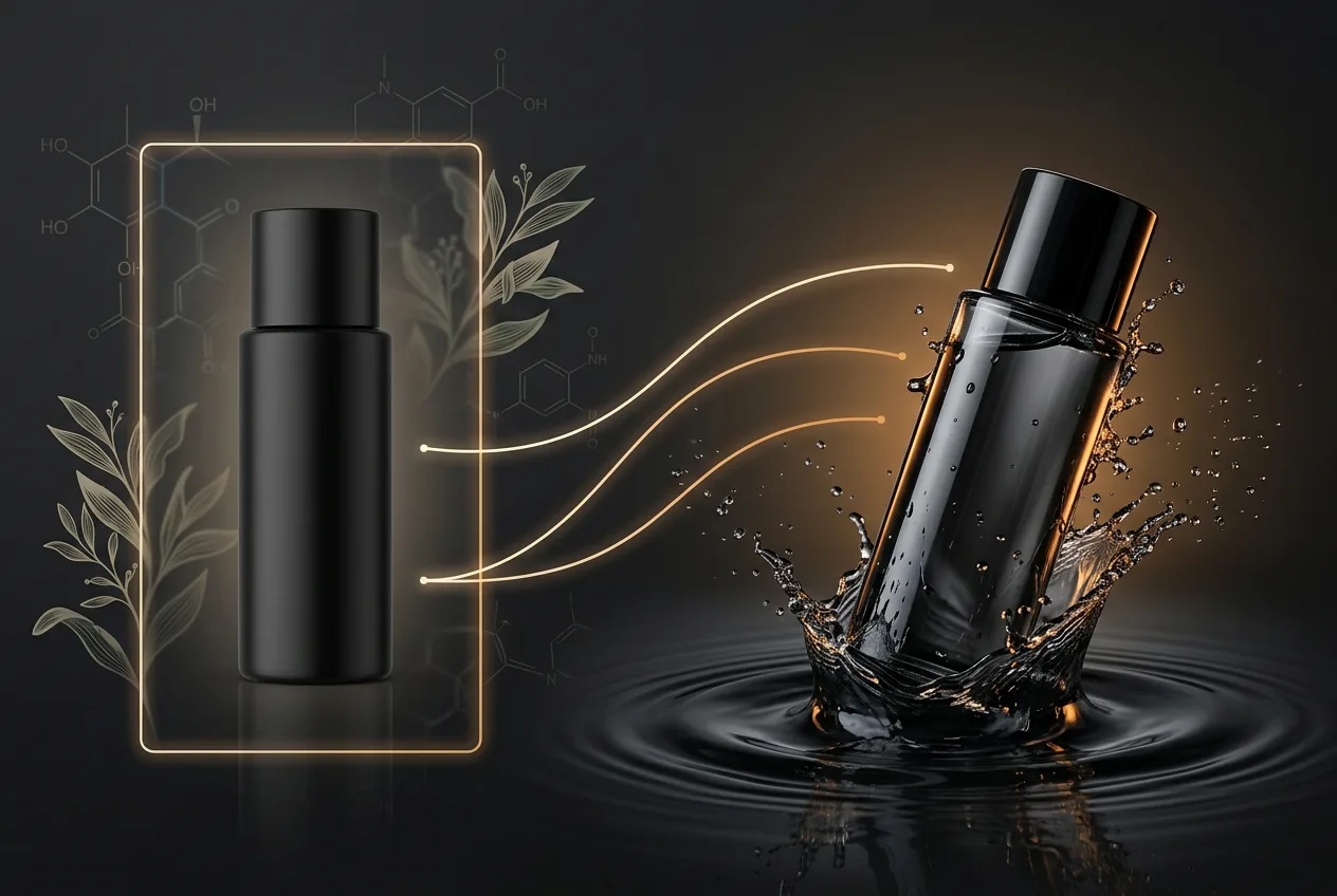 Luxury black cosmetic serum bottle with water splash, gold neon waves, and botanical ingredients on dark background