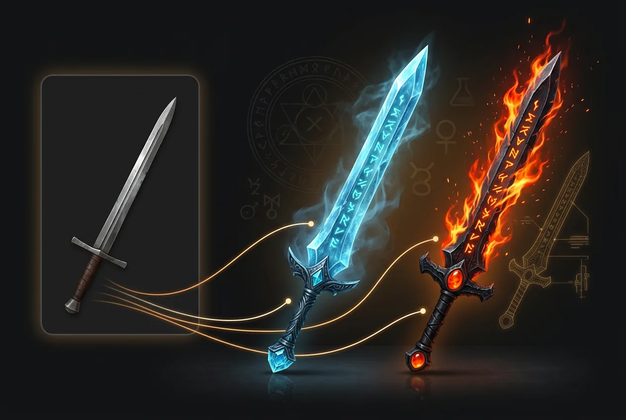 Three fantasy swords with glowing magical effects: basic steel blade, ice-blue enchanted sword, and flaming fire sword with arcane runes on dark background