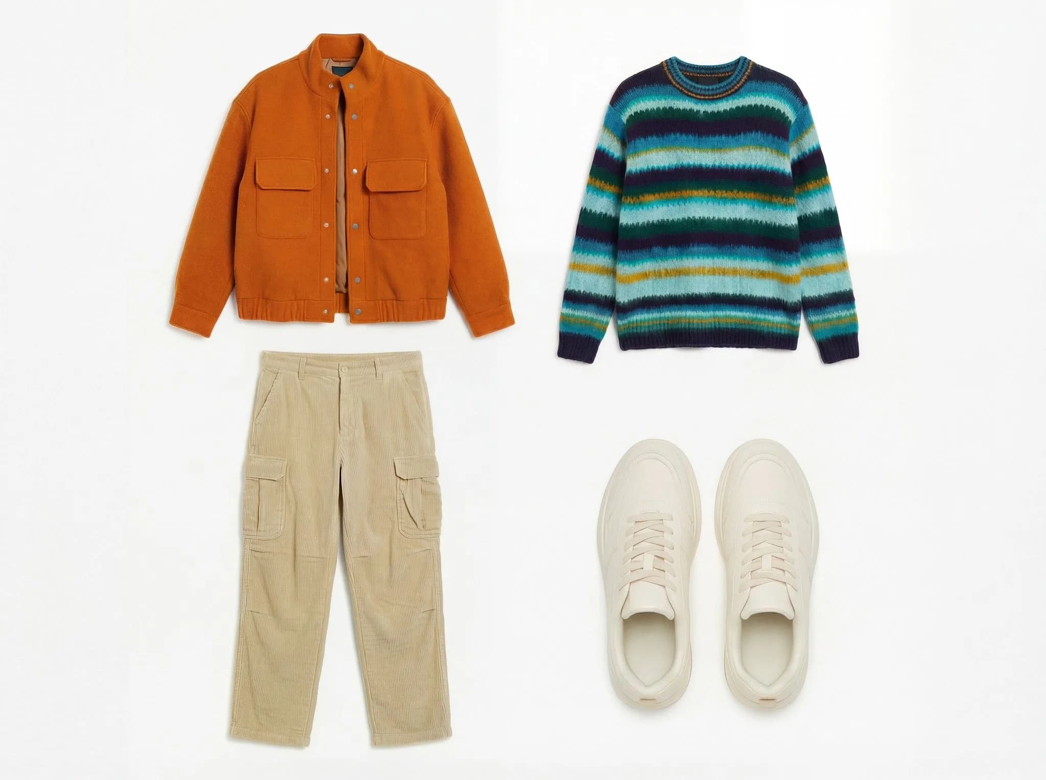 Men's casual fashion outfit featuring orange jacket, multicolor striped sweater, beige cargo pants, and cream white sneakers on light background