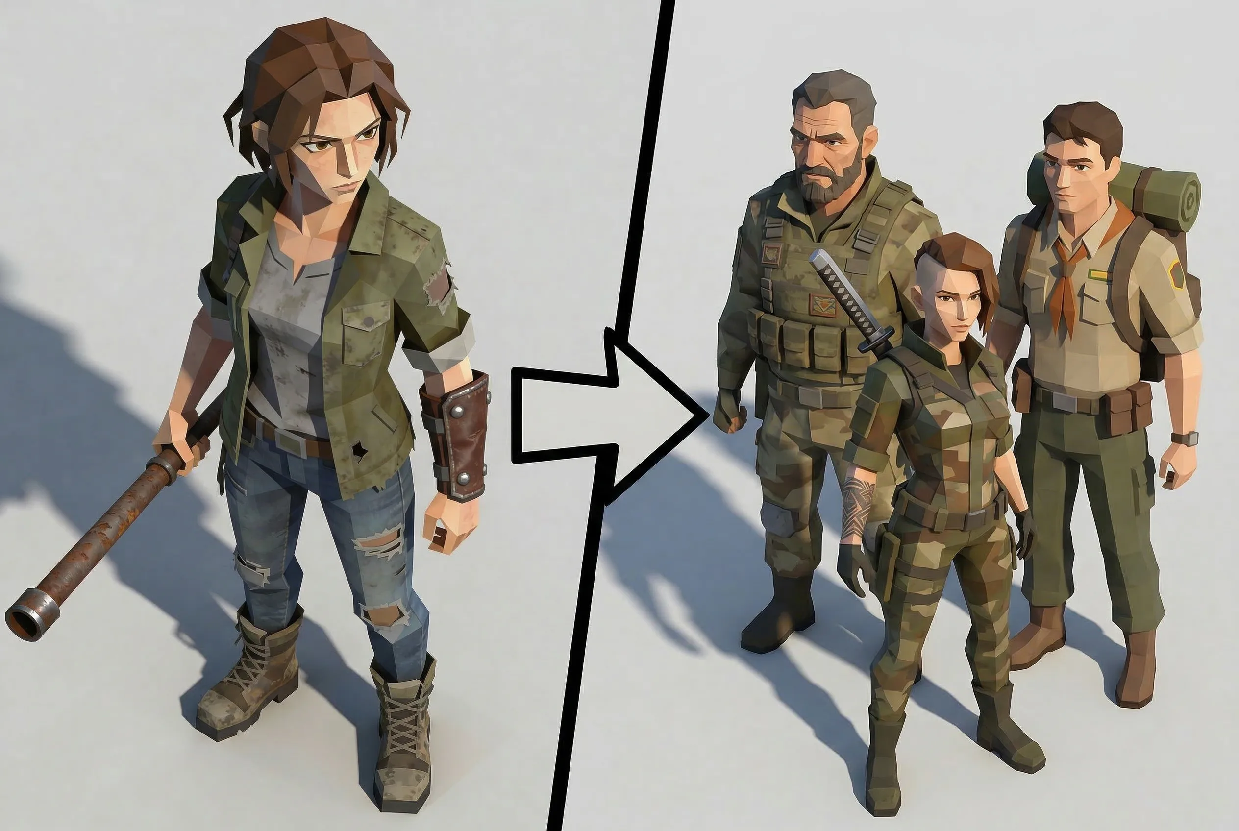 Video game character design showing female soldier transformation from individual to squad leader with military team members in tactical gear