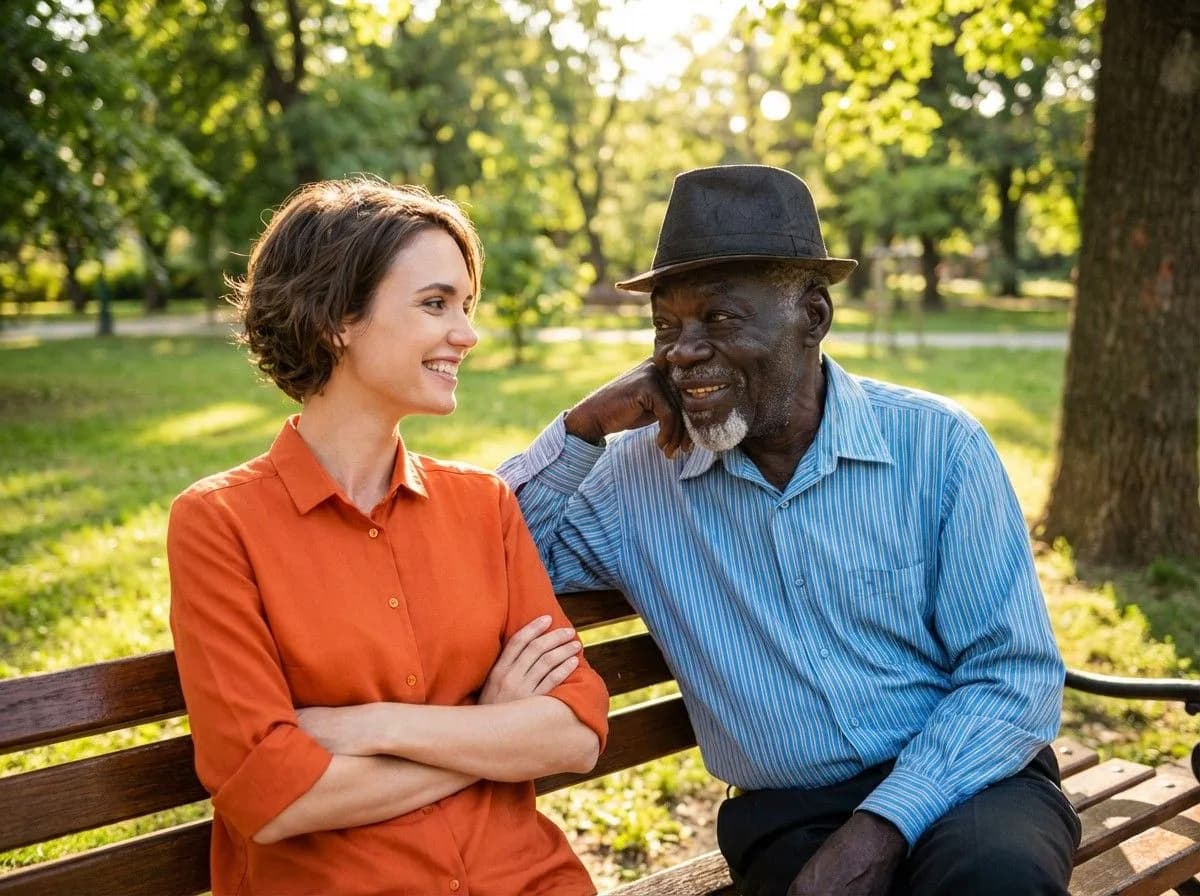 Man and woman sitting on wooden park bench outdoors, smiling and talking in bright sunlight with green trees