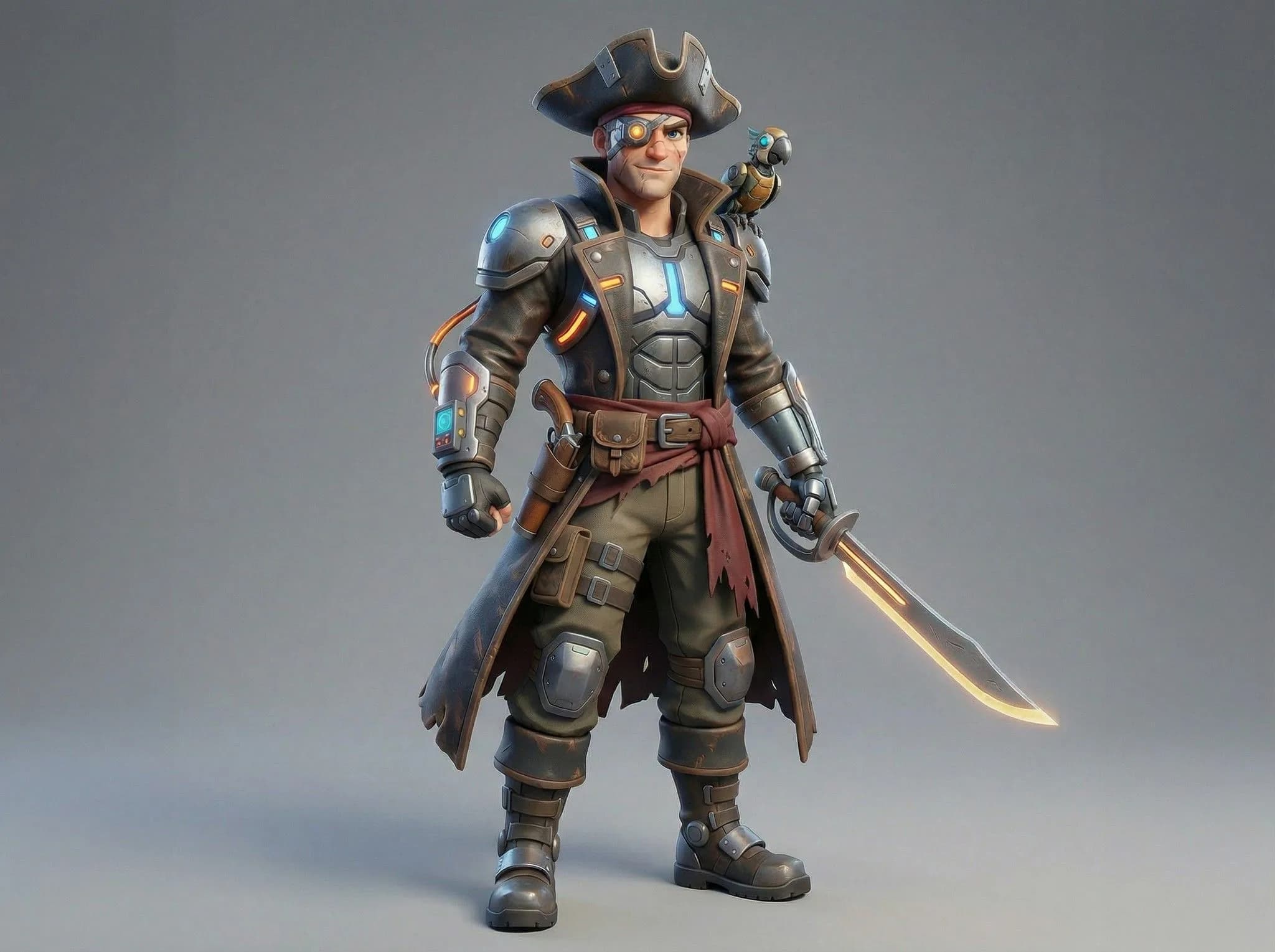 Steampunk pirate character with tricorn hat, metal armor, glowing sword, and robotic arm in 3D digital art