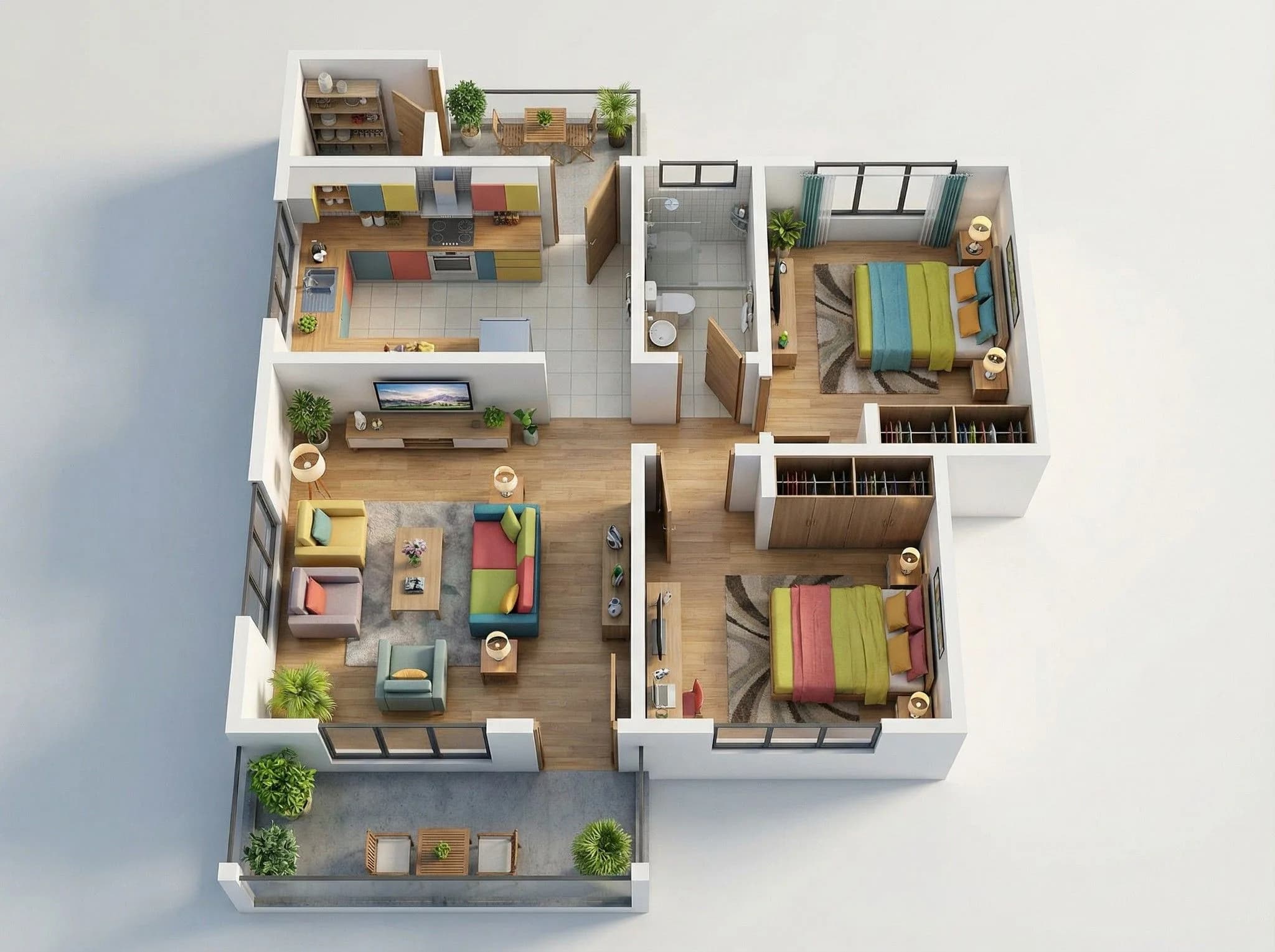3D isometric floor plan of modern apartment with two bedrooms, living room, kitchen, and bathroom featuring colorful furniture and wood flooring