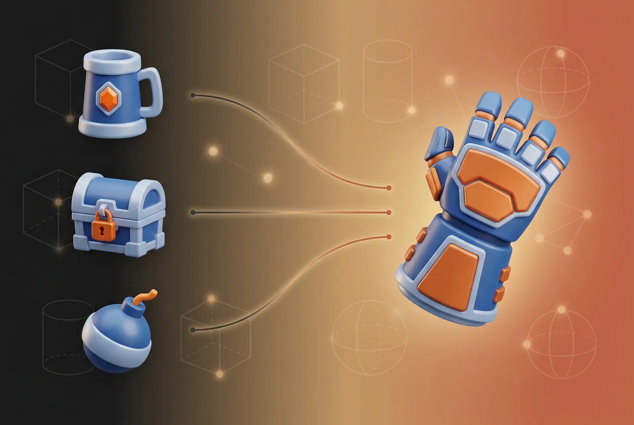 3D game icons showing blue and orange mug, treasure chest, bomb, and armored glove power-ups with geometric elements