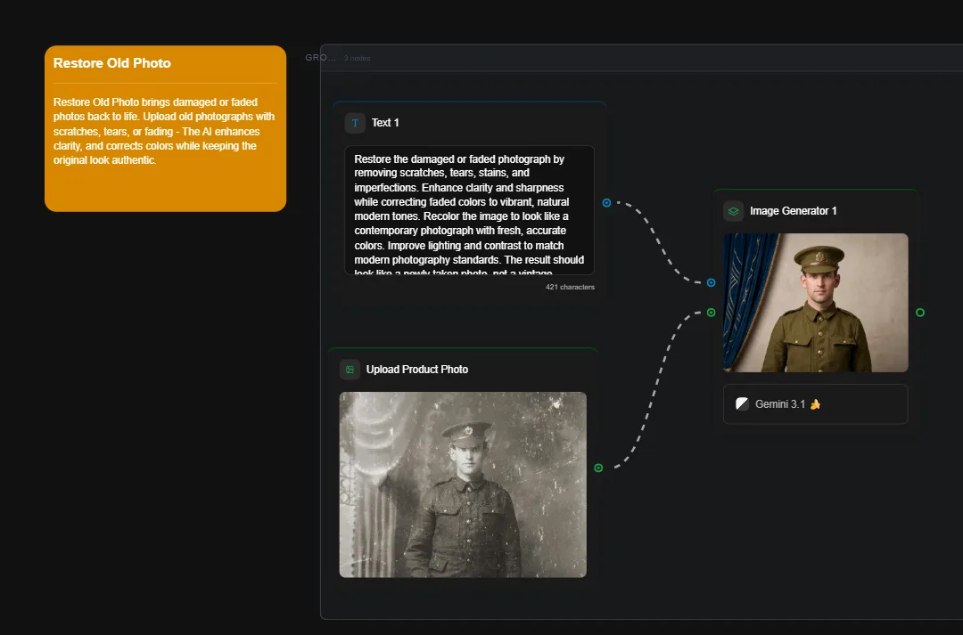 Restored vintage military portrait of young soldier in WWI uniform, damaged photograph enhanced with AI colorization and clarity improvement