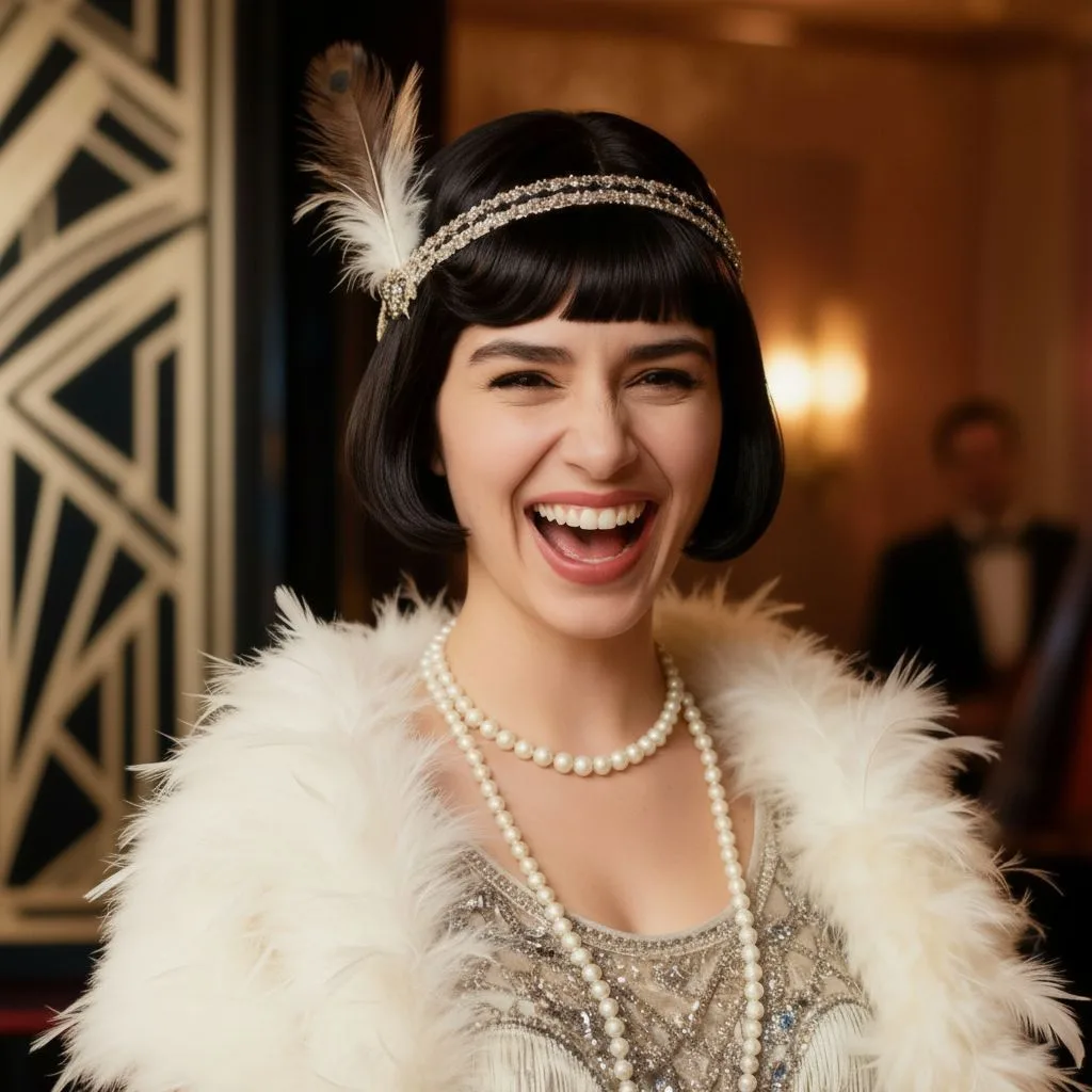 Smiling woman wearing vintage 1920s flapper dress with pearl beads, fur stole, and jeweled headpiece at art deco party