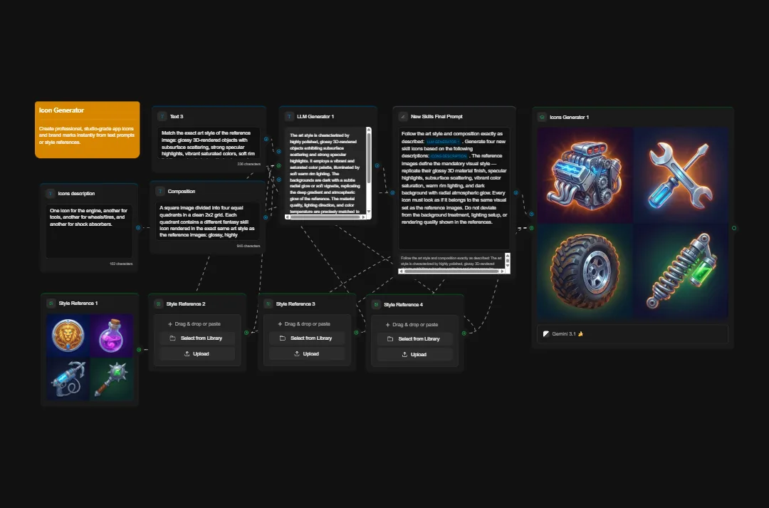 AI icon generator interface showing neon-glowing game assets including robot, wrench, tire, and circuit board icons with style references and LLM prompt options