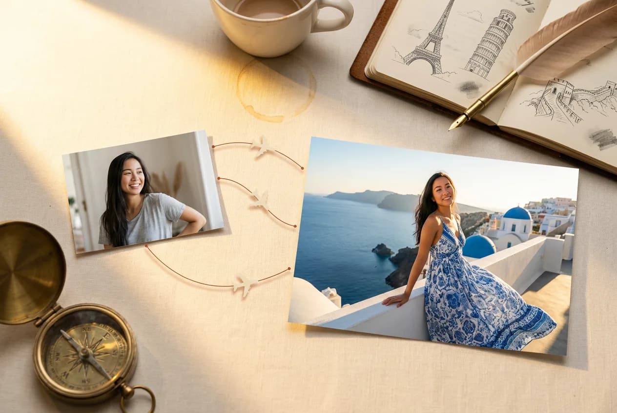 Printed travel photos on cream desk with compass, coffee cup, and travel sketchbook featuring Santorini Greece architectural landmarks