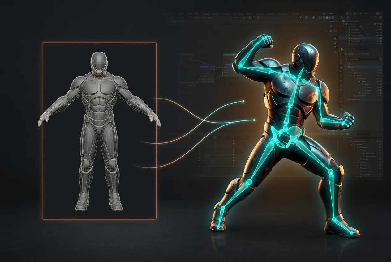 Futuristic male cyborg character with neon cyan and gold armor, shown in wireframe blueprint and rendered 3D armor design concept