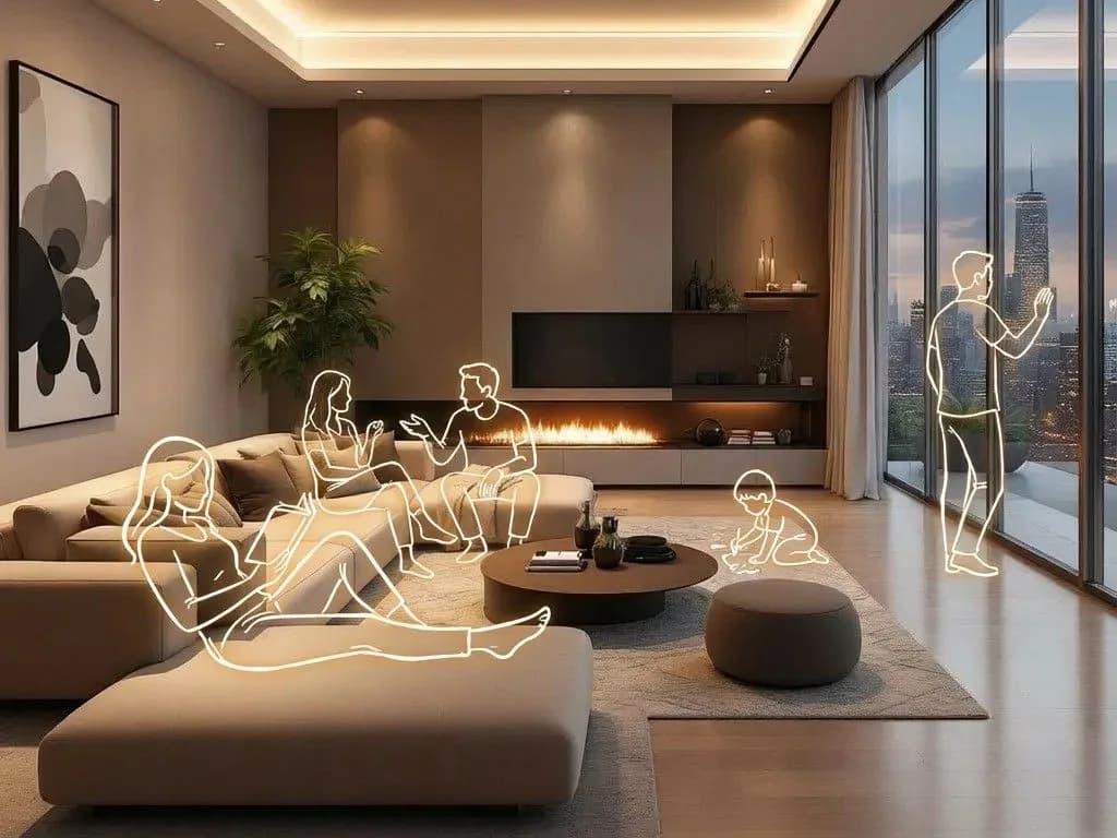Modern luxury penthouse living room with neon line art figures, fireplace, beige sectional sofa, and panoramic city skyline views through floor-to-ceiling windows