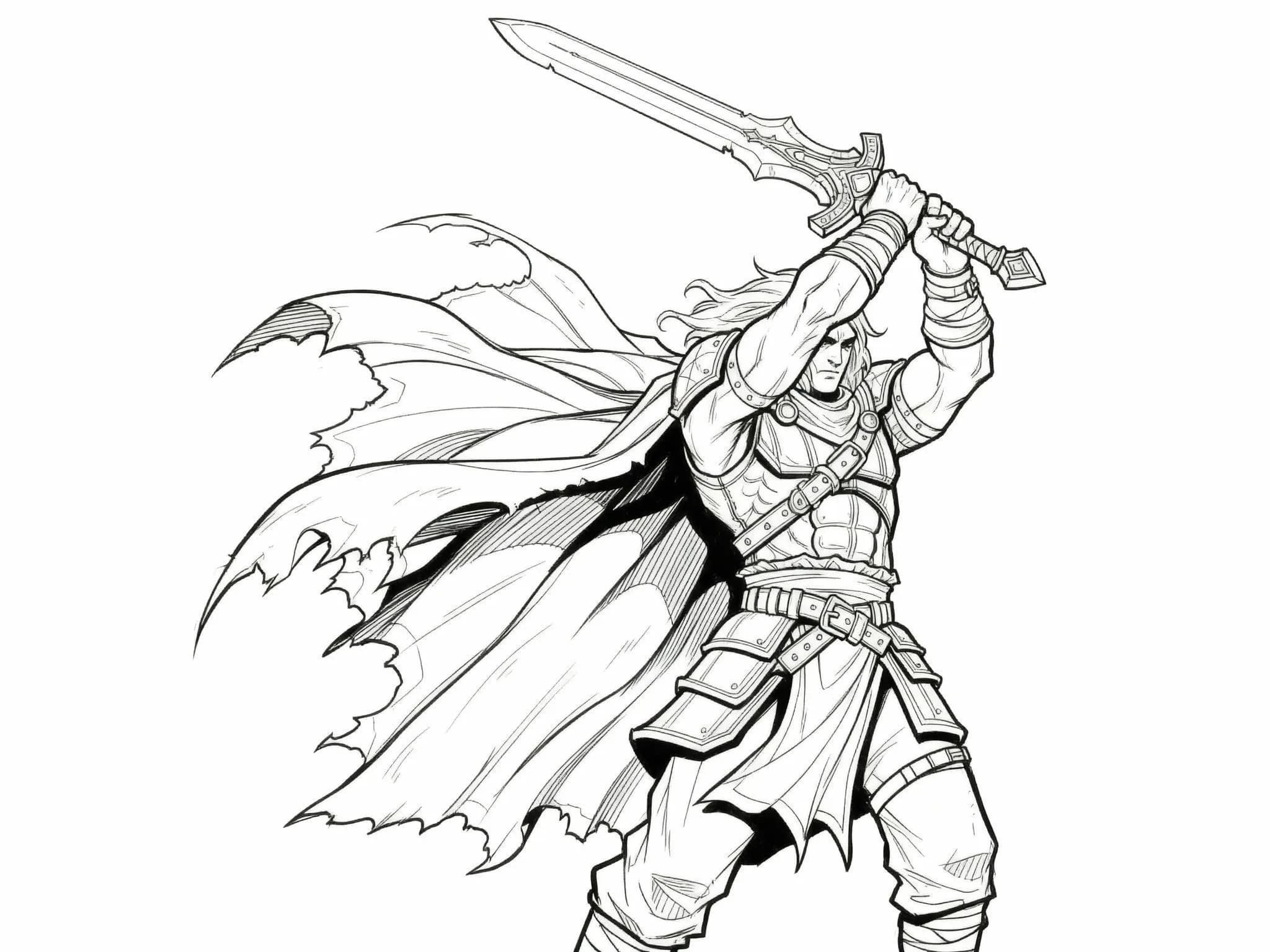 Line art illustration of fantasy warrior in armor wielding ornate sword with flowing tattered cape