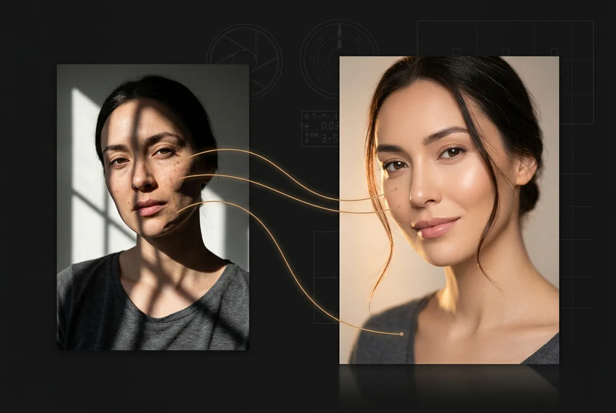 Before and after portrait retouching comparison showing skin enhancement and beauty editing transformation on Asian woman